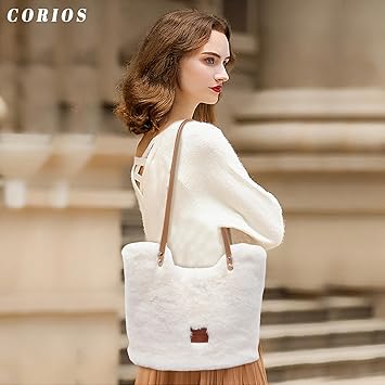 CORIOS Damen Handtasche Aus Lammwolle - Flauschige Umhängetasche In Kaffee