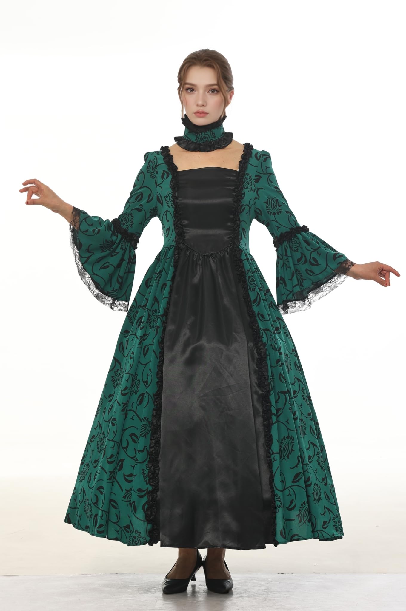 CAMDOM Vestido de Fiesta Victoriano Mujer Retro Medieval Palacio Largo Cuello Cuadrado Satén Elegante Mangas Acampanadas Disfraz Vintage Cosplay