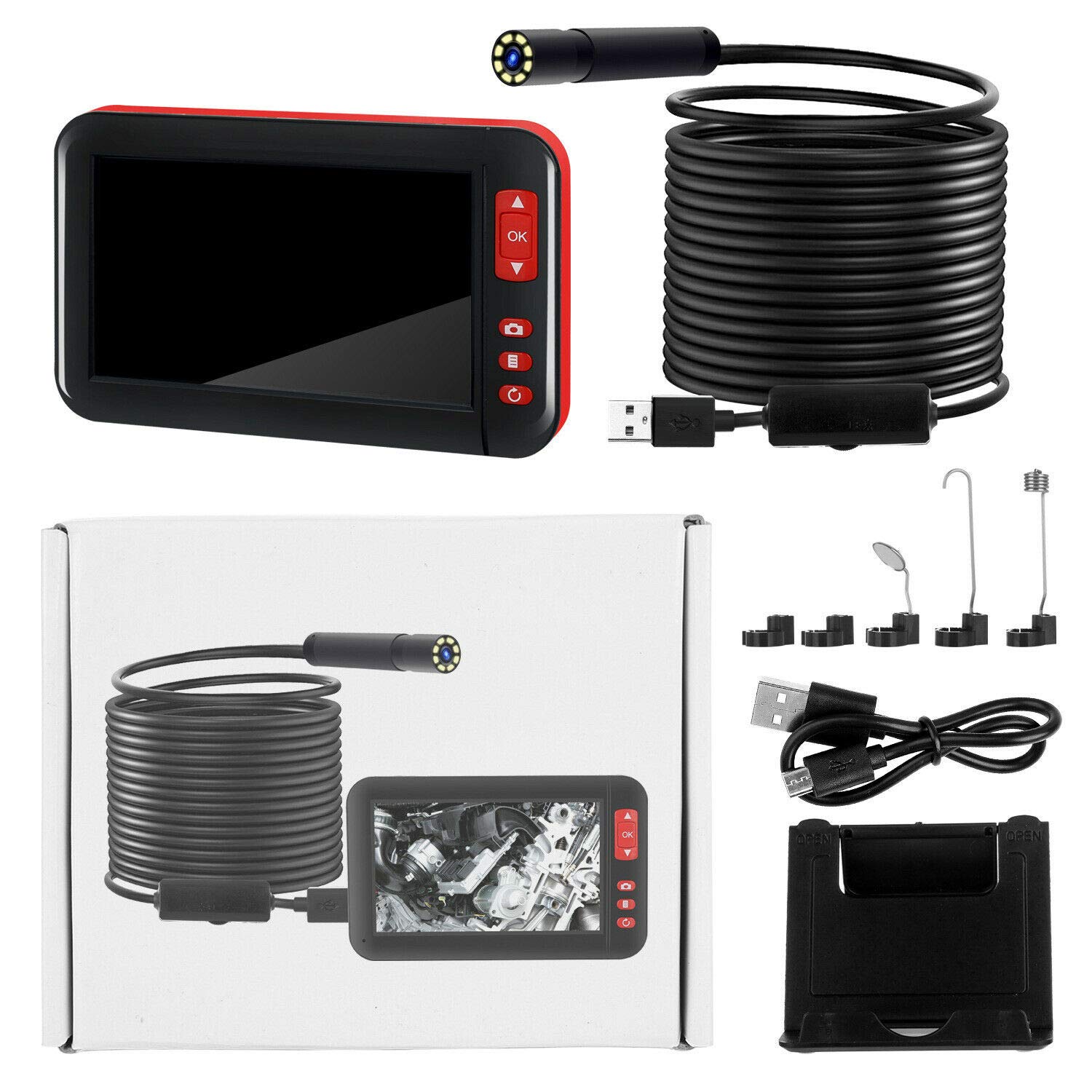 Endoscopio Industrial MASO 10M 4.3" Pantalla LCD Color F200 cámaras de inspección endoscopio Impermeable 1080P HD con sonda Recargable USB 8 LED