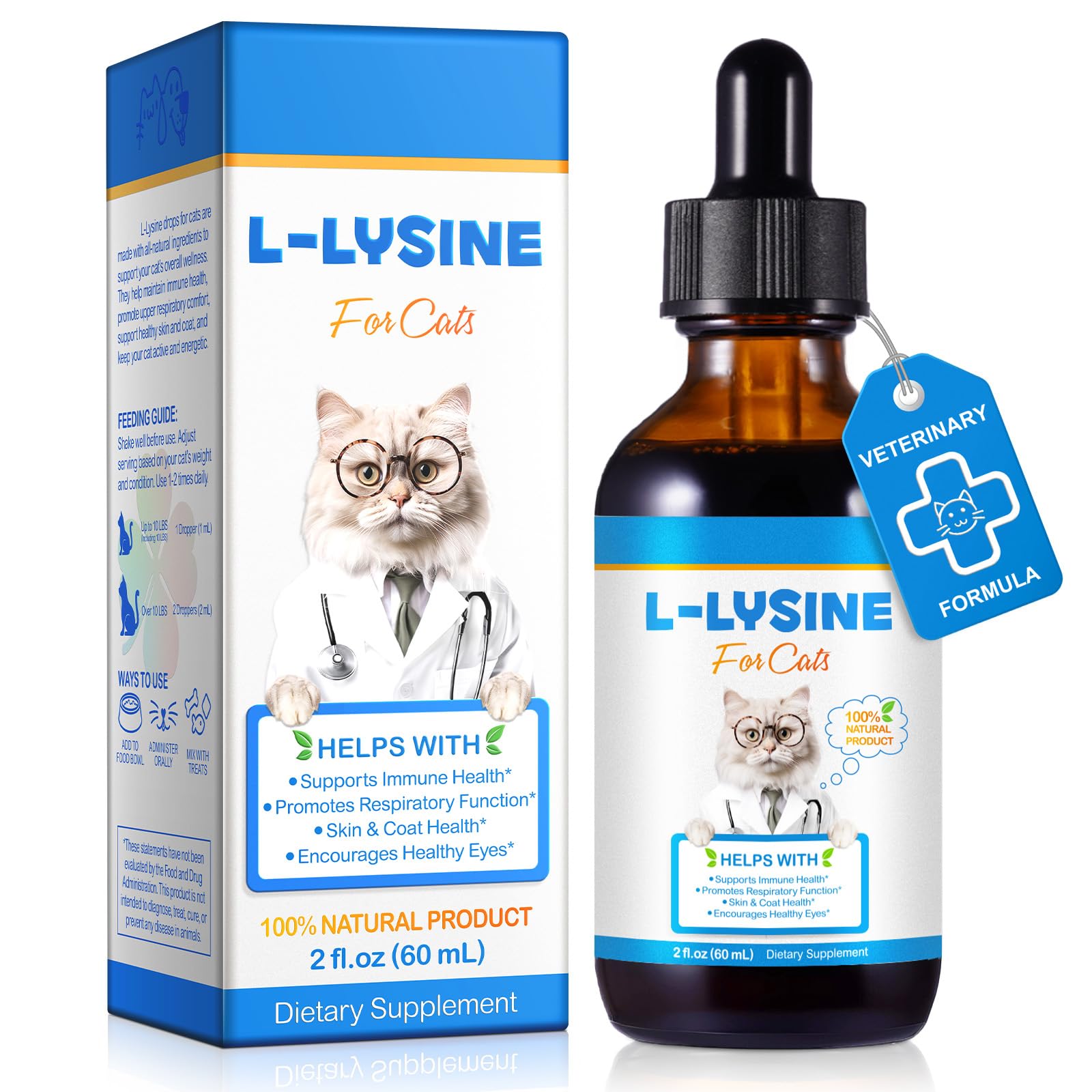 Lysin Katze - L-lysin Katze Tropfen für Immunsystem, Atemwege | L lysin Katzen Lindert Allergien und Niesen | L-lysine Katzen Vitamine und Nahrungsergänzungsmittel - Glutenfrei & Chemicalfrei 60ml