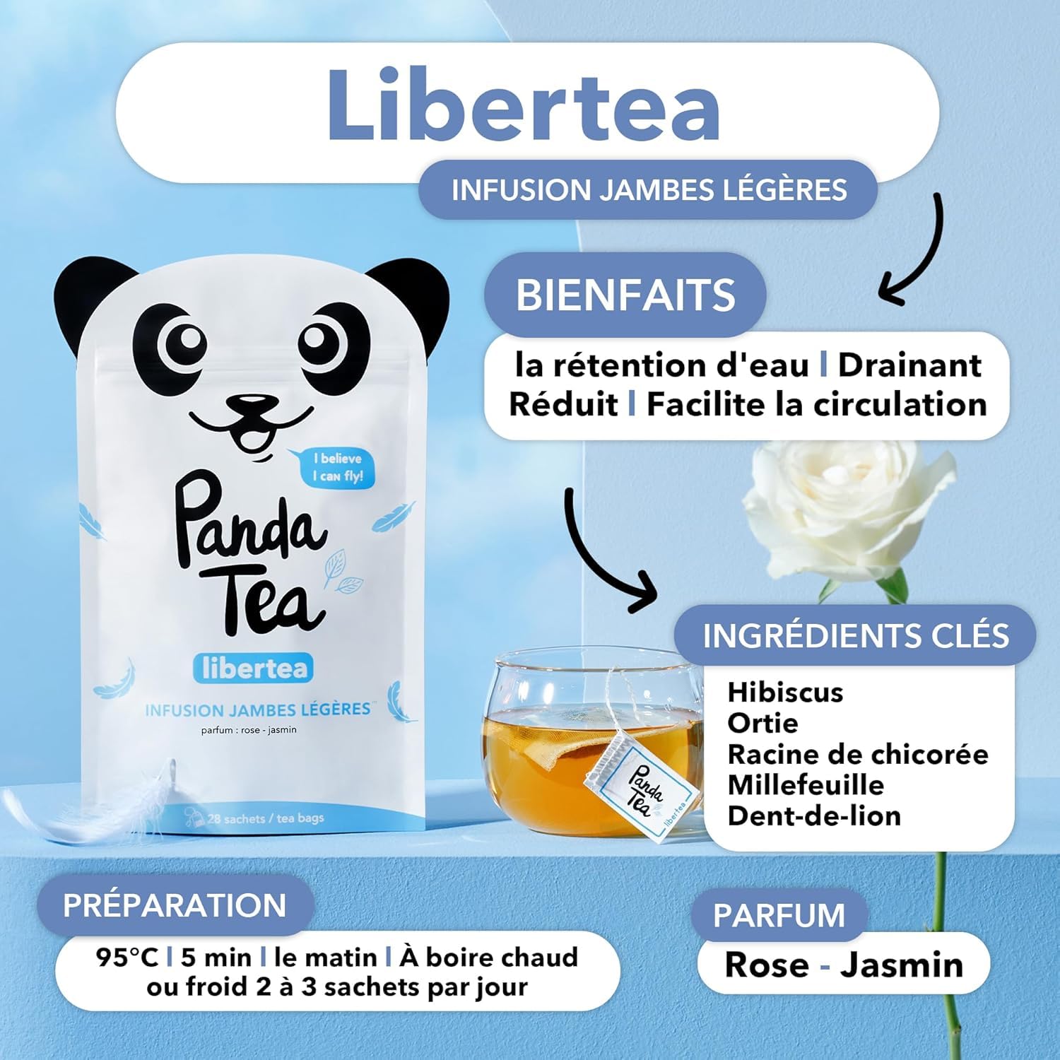 Panda Tea – Duo Green Energy & Libertea – Thé Vert Bio Énergie & Tisane Drainante – 2x28 Sachets Coton – Boost Énergie, Minceur & Rétention d’Eau, Jambes Lourdes – Mate, Hibiscus & Plantes Bio