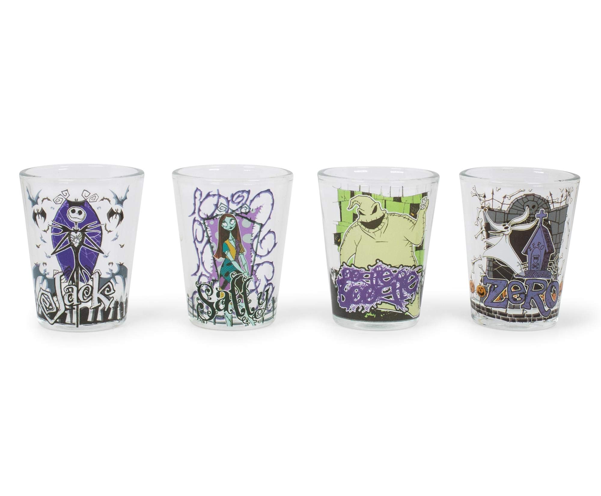 Silver Buffalo Disney Nightmare Before Christmas Featuring Jack Skellington, Sally, Oogie Boogie, and Zero 4 Pack Mini Glasses, 1.5 Ounces