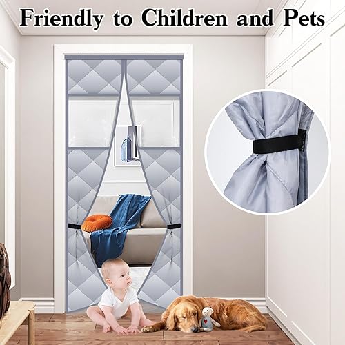 Miniatura 5 de Cortina de puerta magnética con aislamiento térmico con ventanas visibles desmontables, relleno de fibra de poliéster grueso y tela Oxford duradera,