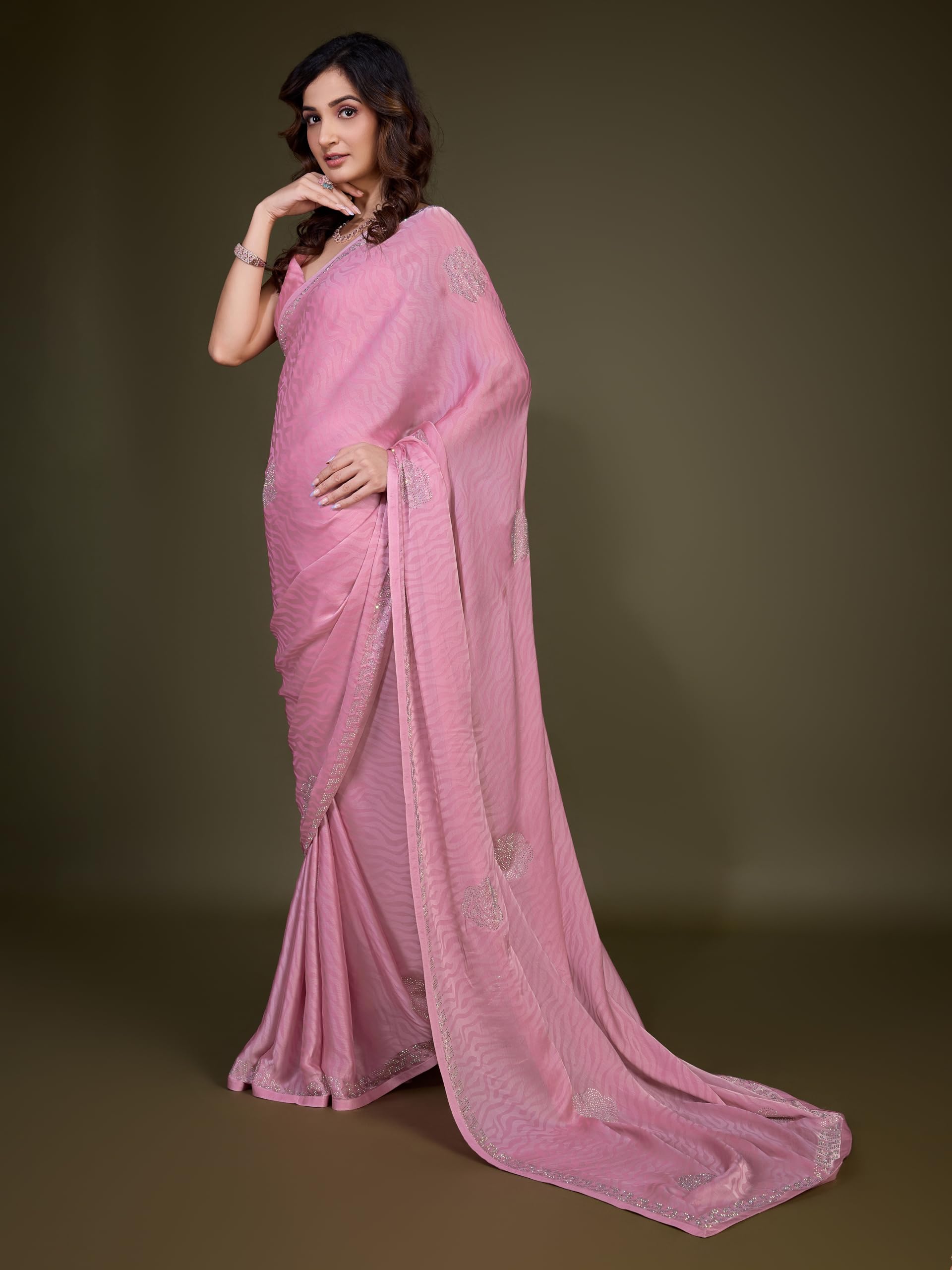 TRENDMALLS Damen Chiffon Siroski Arbeit Saree mit Unstitch Bluse Stück