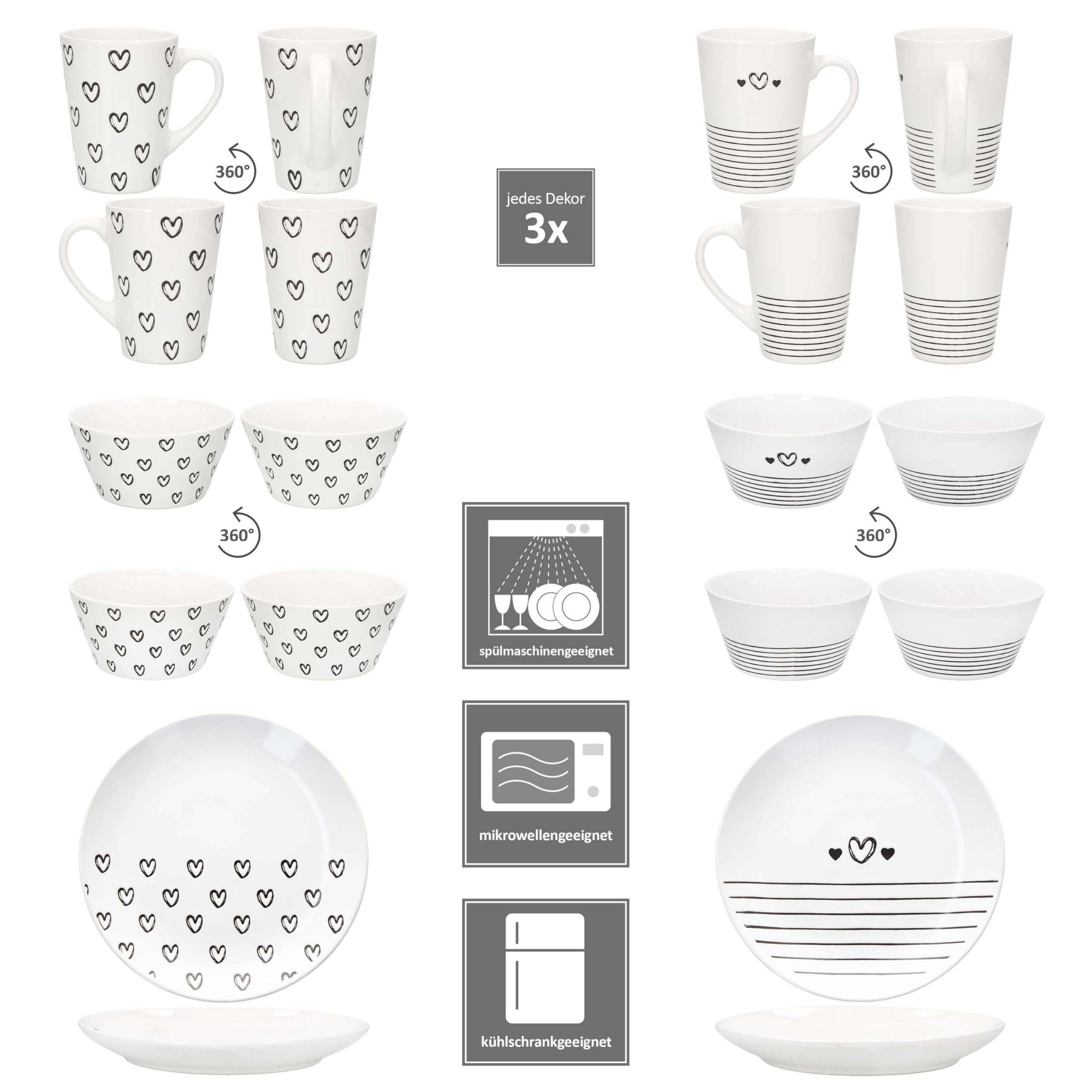 MamboCat Cupid 18tlg Frühstücksset I 6x Kuchenteller, 6x Müslischalen 450ml & 6x Kaffeebecher 350ml I Porzellan Geschirr schwarz weiß mit Herz & Streifen Dekor I Kaffeezeit