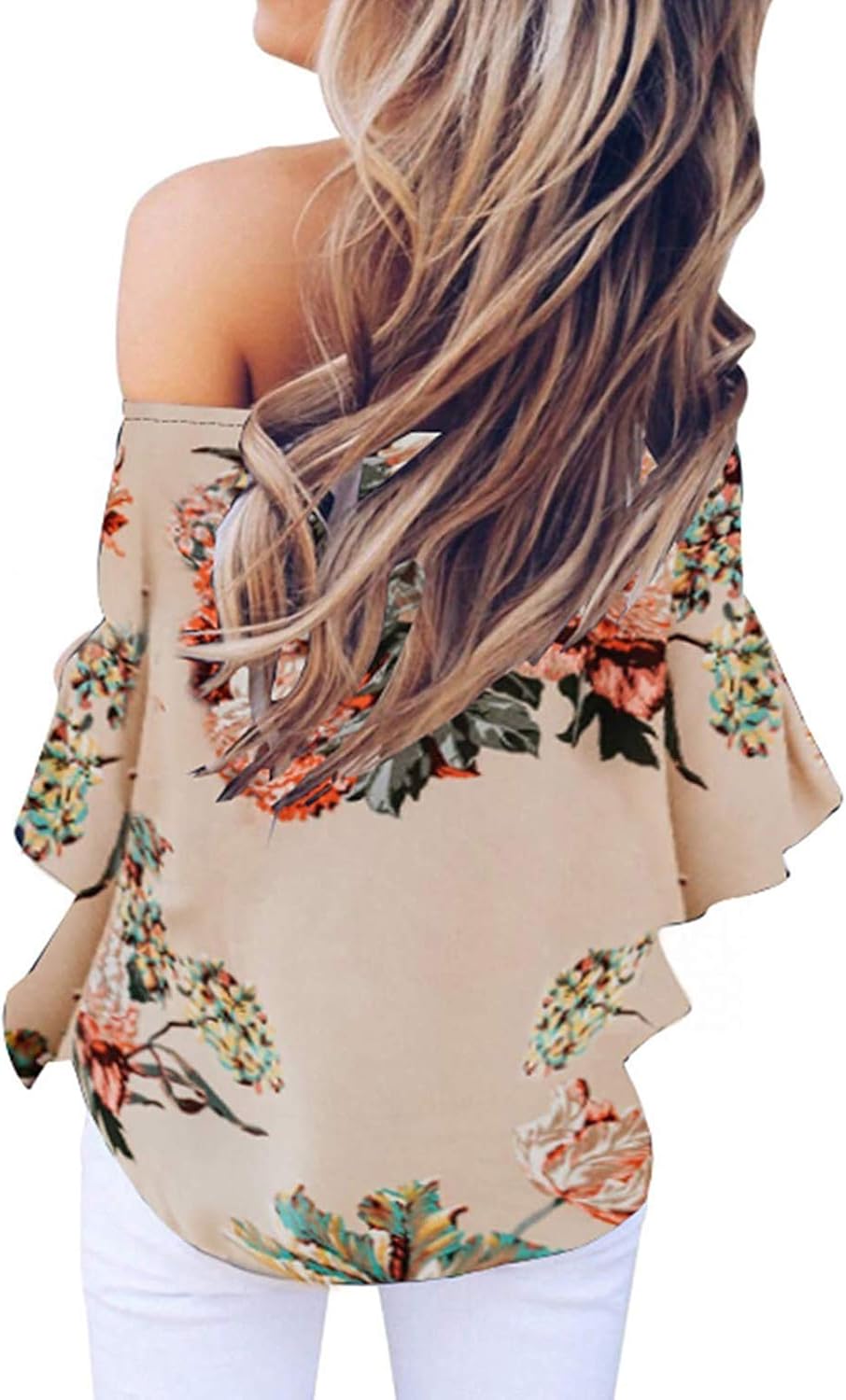 Women's Striped Off The Shoulder Tops 3/4 Bell Sleeve Tie Knot Casual Blouse Shirts - Image 2