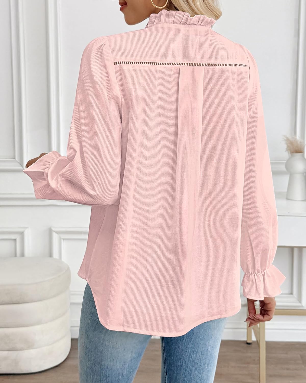 Bsubseach Women Puff Long Sleeve Shirt Textured Button Down Cotton Work Blouse Eyelet Ruffle Collar Dressy Casual Tops