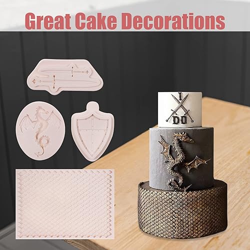 Miniatura 4 de Moldes de silicona de dragón, 4 unidades, diseño de dragón de piel de dragón, espada de chocolate, fondant, para decoración de pasteles, decoración