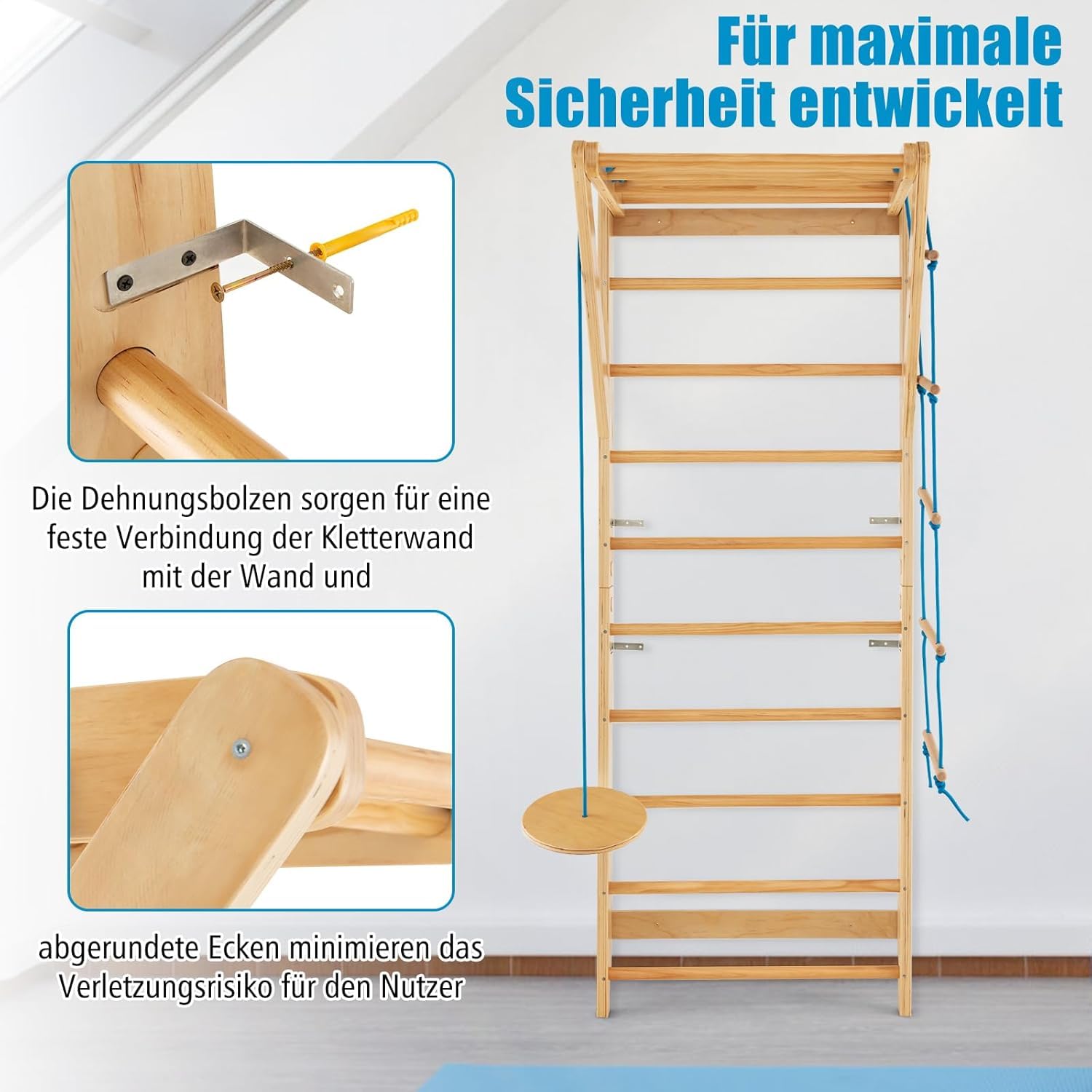 FANTASK Kletterwand Turnwand Holz, Indoor Outdoor Sprossenwand Klettergerüst, Gym Sportgerät, Tragfähigkeit von 100 kg, Natur