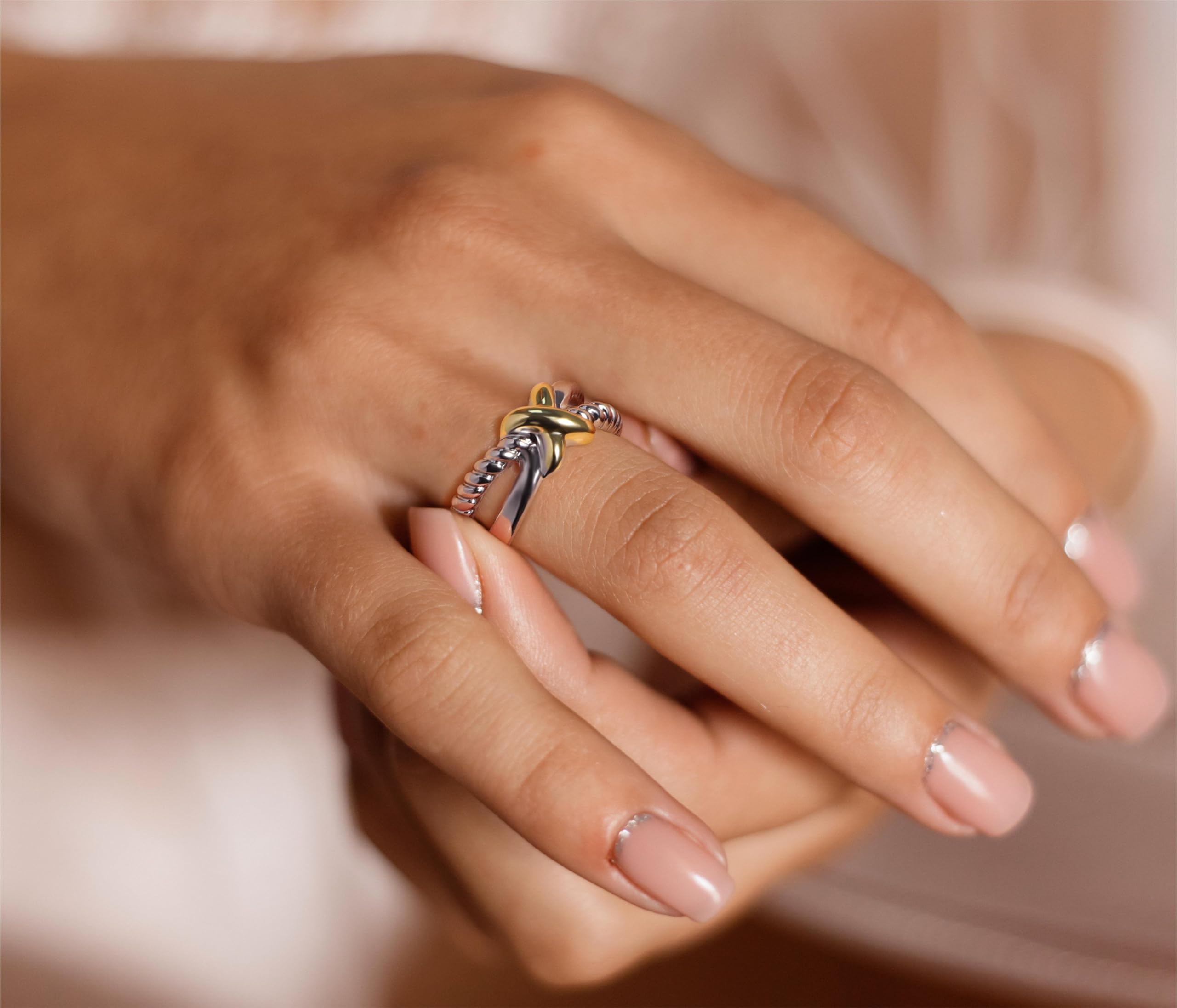 Anillos de banda gruesa para mujer, 2 tonos, entrelazados, anillo de declaración, hilo de cable trenzado ancho, dedo índice, anillo dorado y plateado, regalo de joyería para ella, Cobre, Sin 4