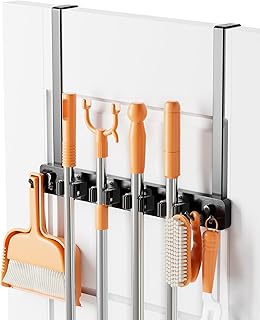 Mop and Broom Holder Wall Mount, No Drill Over the Door Broom and Mop Holder with 4 Slots and 4 Hooks, Wood Tool Hanger for Laundry, Cabinet, Kitchen, Garage