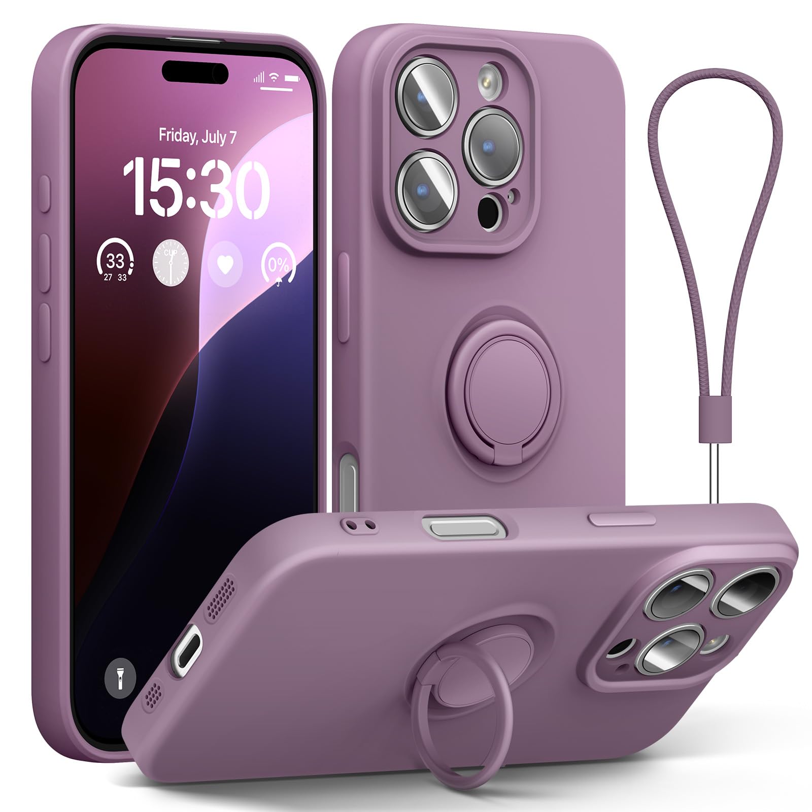 abitku for iPhone 16 Pro Case with Ring Stand, Liquid Silicone Slim Design Support Magnetic Car Mount (with Wrist Strap Lanyard) Phone Cover for iPhone 16 Pro 6.3 inch(Lilac Purple)