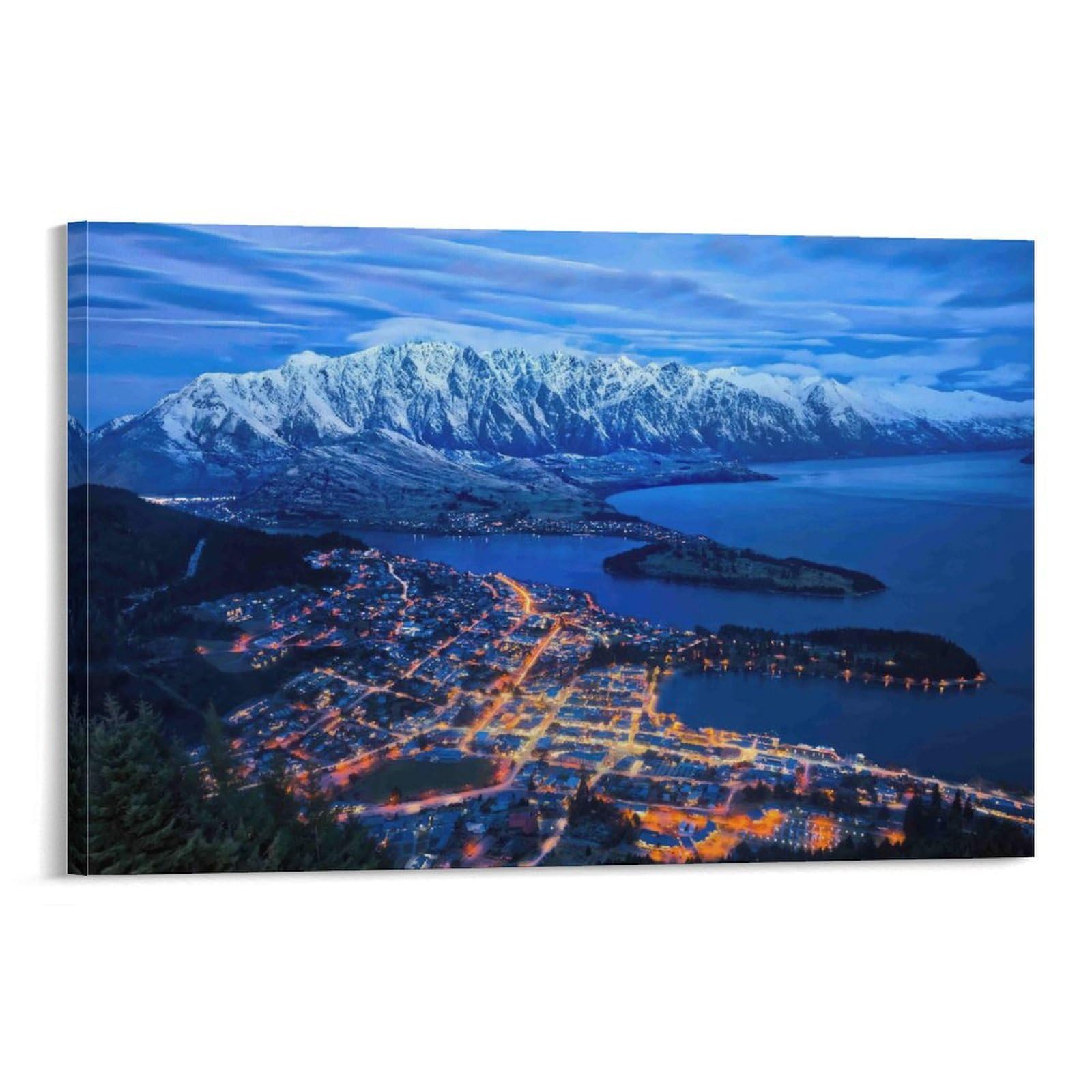 CPLVKWRQJ SnowyMountainsNight 1 Piece Lakeside Town Snow Capped Mountain Dusk Framed Canvas Art - Bedroom Wall Hanging Easy to Clean Space Transformer Decor 20x30inch(50x75cm)