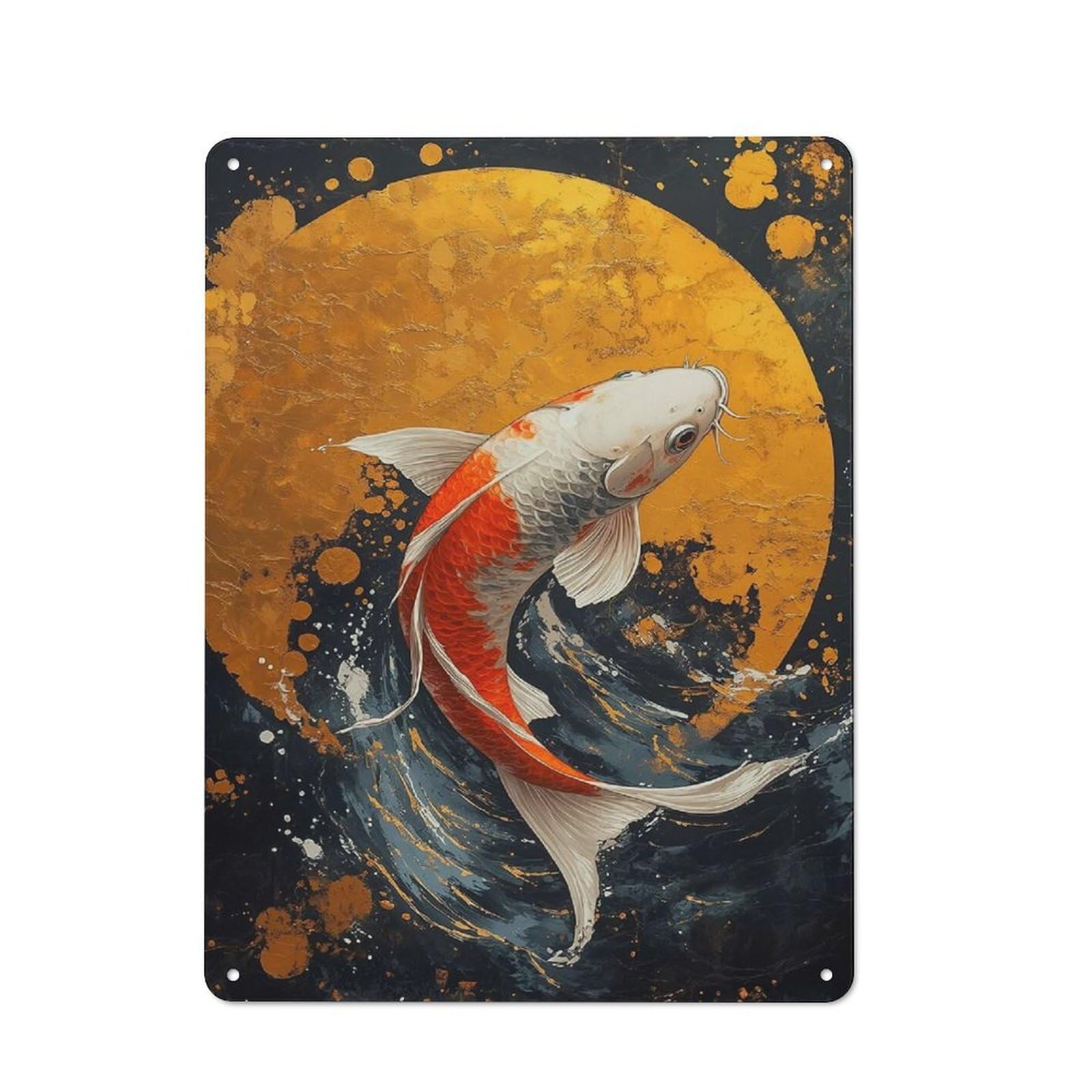 Junmoney Style-17 Metal Plaque With Koi Fish And Golden Moon Art Design 40X30cm, Retro Kitchen Wall Decor For Bakery, Diner, Cafe Or Family Room