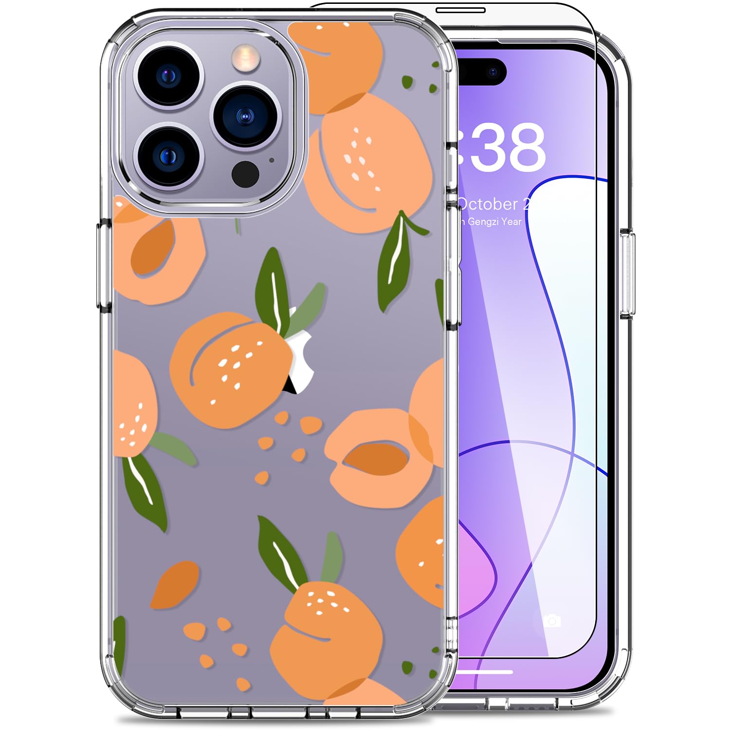 LUHOURILUHOURI for iPhone 15 Pro Case with Screen Protector - Crystal Clear Cover with Fashionable Designs for Women and Girls - Slim Fit Protective Phone Case 6.1",Nice Peaches