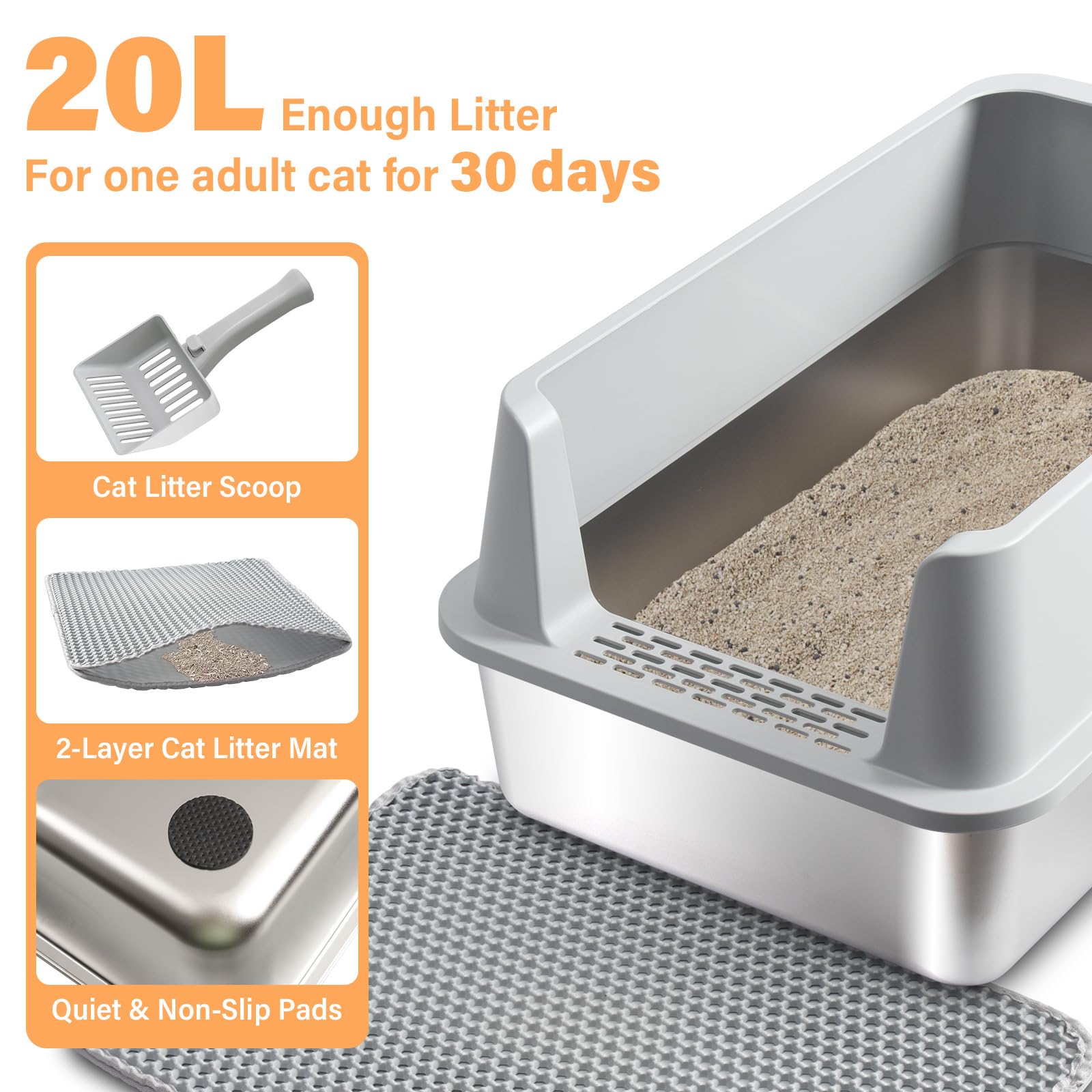 2PACK Stainless Steel Litter Box, XL Cat Litter Box with Lid for Big Cat, Extra Large Metal Litter Boxes with High Side, Non-Stick, Odor-Resistant, Anti-Urine Leakage, Includes Mat & Scoop - image 6