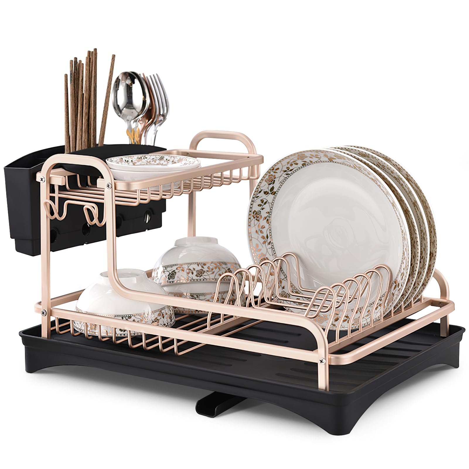 AVkgwrtb Dish Drying Rack, Kitchen Dish Drainer Rack with Drip Tray, Cutlery Holder, Wooden Handles, Multicolor(Aluminum Dish Drainer)