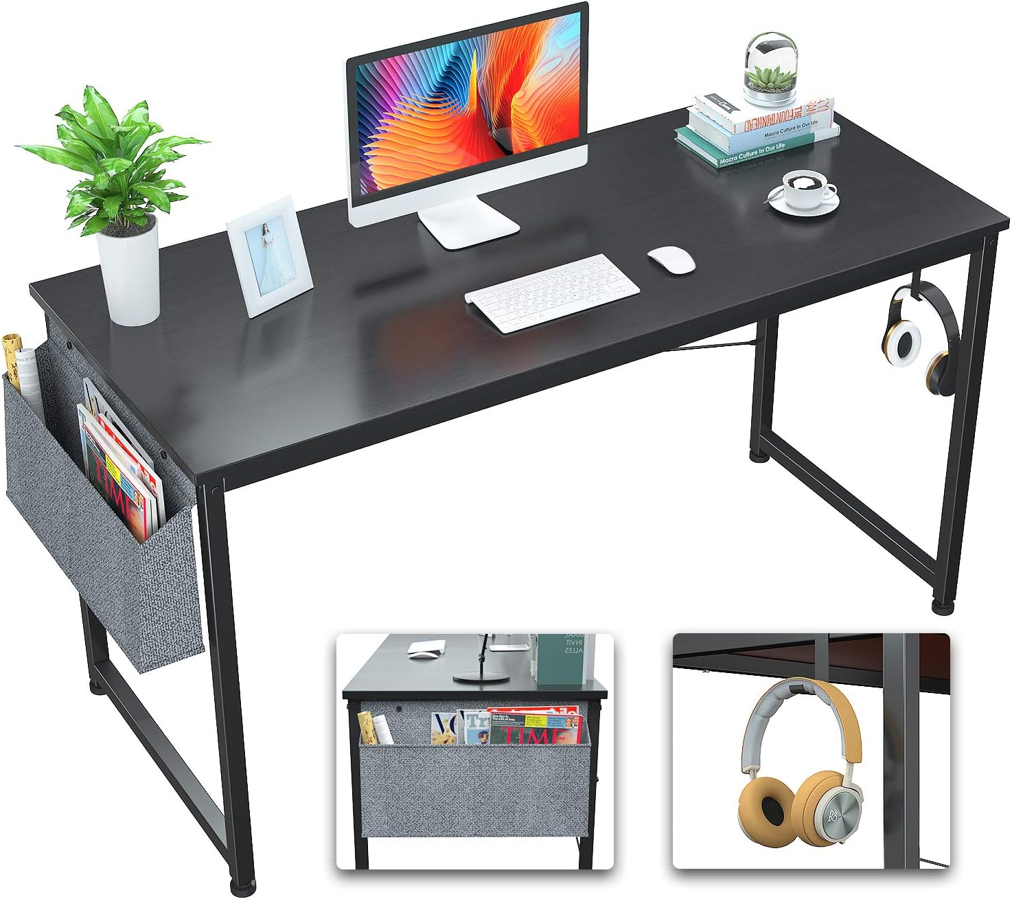 Foxemart Computer Desk 47" Office Desks Writing Study Desk Modern Simple PC Laptop Notebook Table with Storage Bag and Iron Hook for Home Office Workstation, Black
