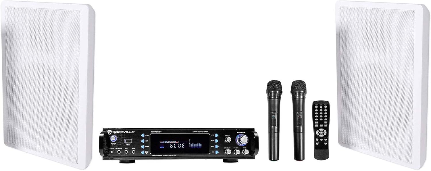 Rockville Bundle: RPA70WBT V2 1000w 2-Ch USB Bluetooth Amplifier/Mixer+(2) Mics Bundle with Pair Rockville RockSlim White Home Theater 5.25" 240w Easy Wall Mount Slim Speakers (3 Items)
