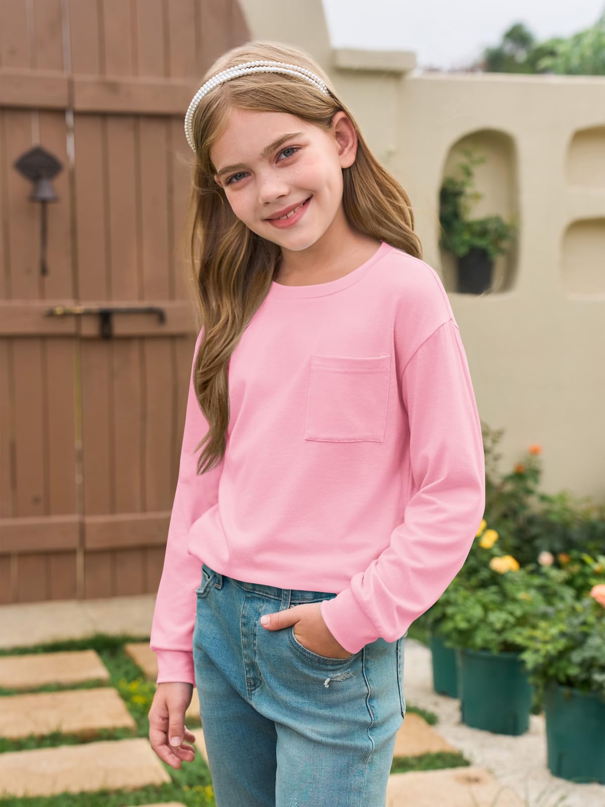 Haloumoning Camisas de manga larga para niñas con cuello redondo suave