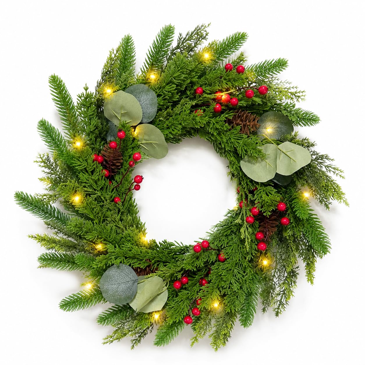 Corona de Navidad artificial preiluminada de pino invernal de 24 pulgadas, decoración navideña con piñas, bayas rojas, 20 luces LED transparentes, 113 puntas, temporizador, verde