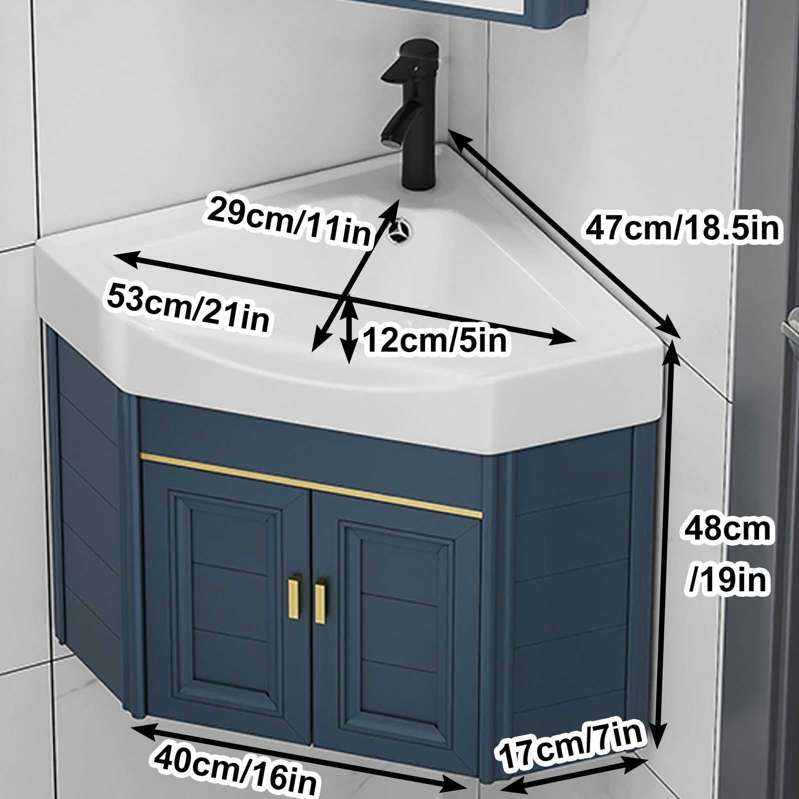 Corner Wall-Mount Bathroom Sink With Storage Cabinet – Space-Saving Ceramic Sink & Faucet Set (48cm/19in)