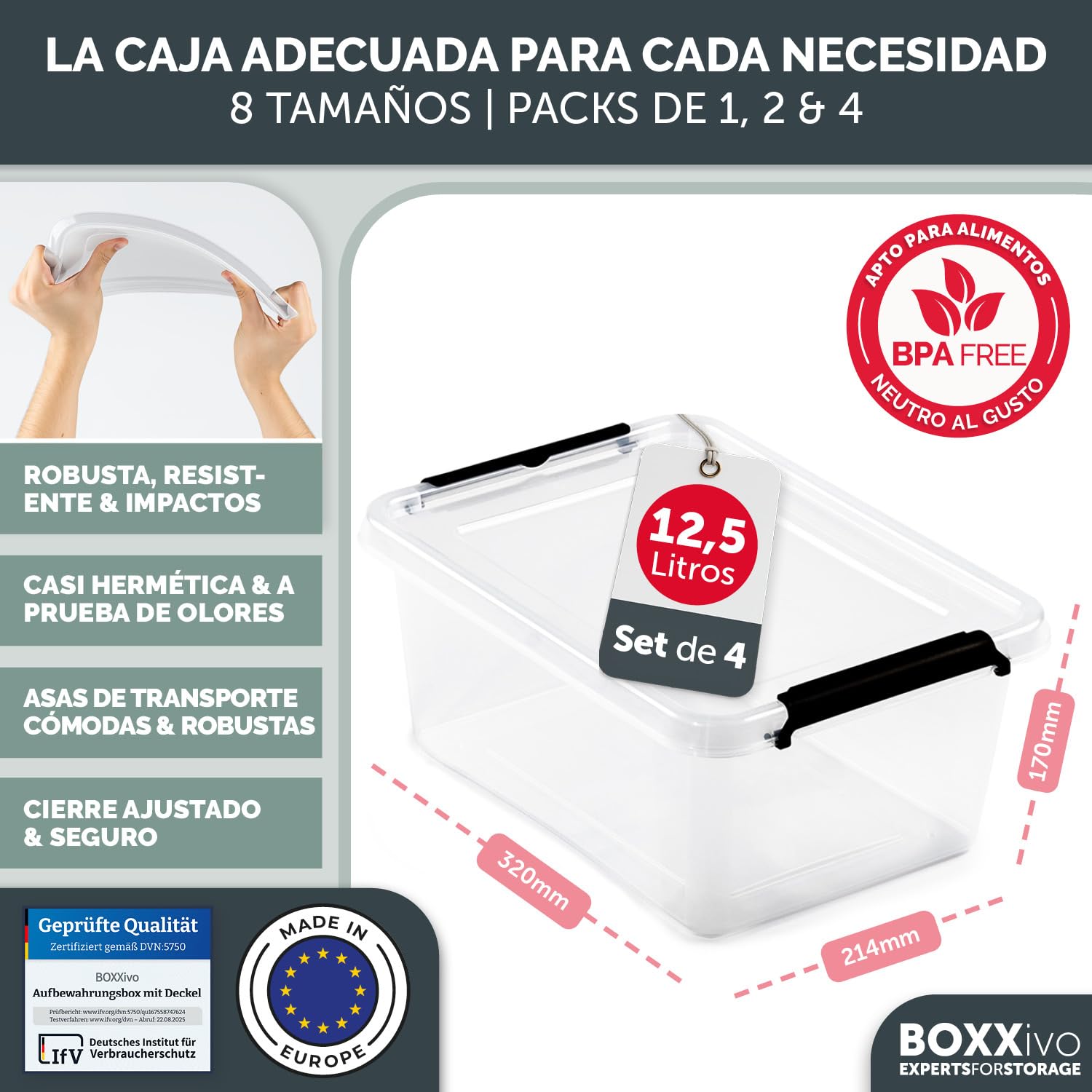 Caja de almacenamiento con tapa - Caja in BPA y apta para alimento Almacenamiento - Caja de plático con tapa - Caja de almacenamiento tranparente - Set de 4-12.5 Litros