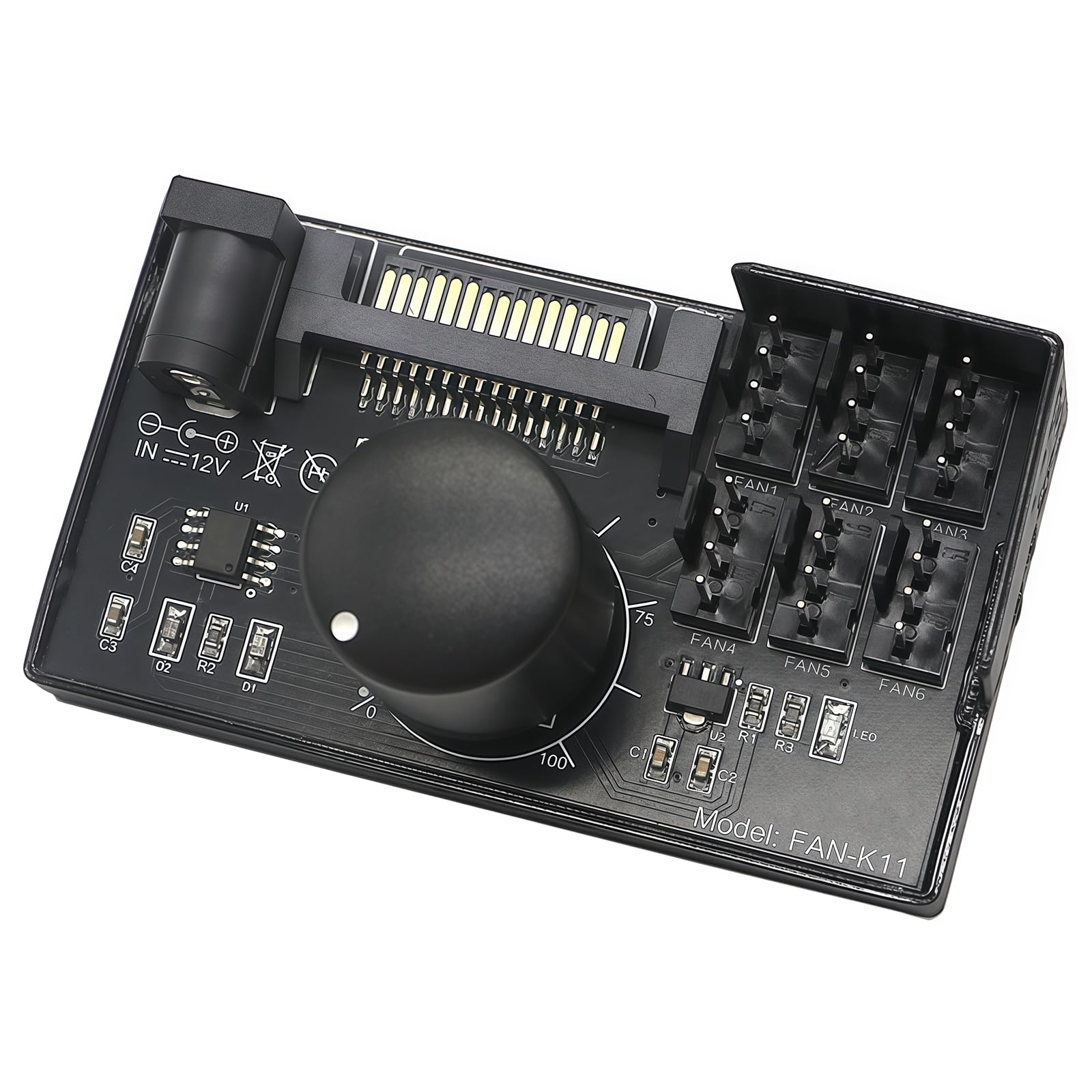 4-pinowy kontroler prędkości wentylatora PWM 12 V z 6 wentylatorami, koncentrator adaptera wentylatora PC przez SATA i DC 5525, podwójny zasilacz, całkowita moc wyjściowa maks. 60 W, 5 A