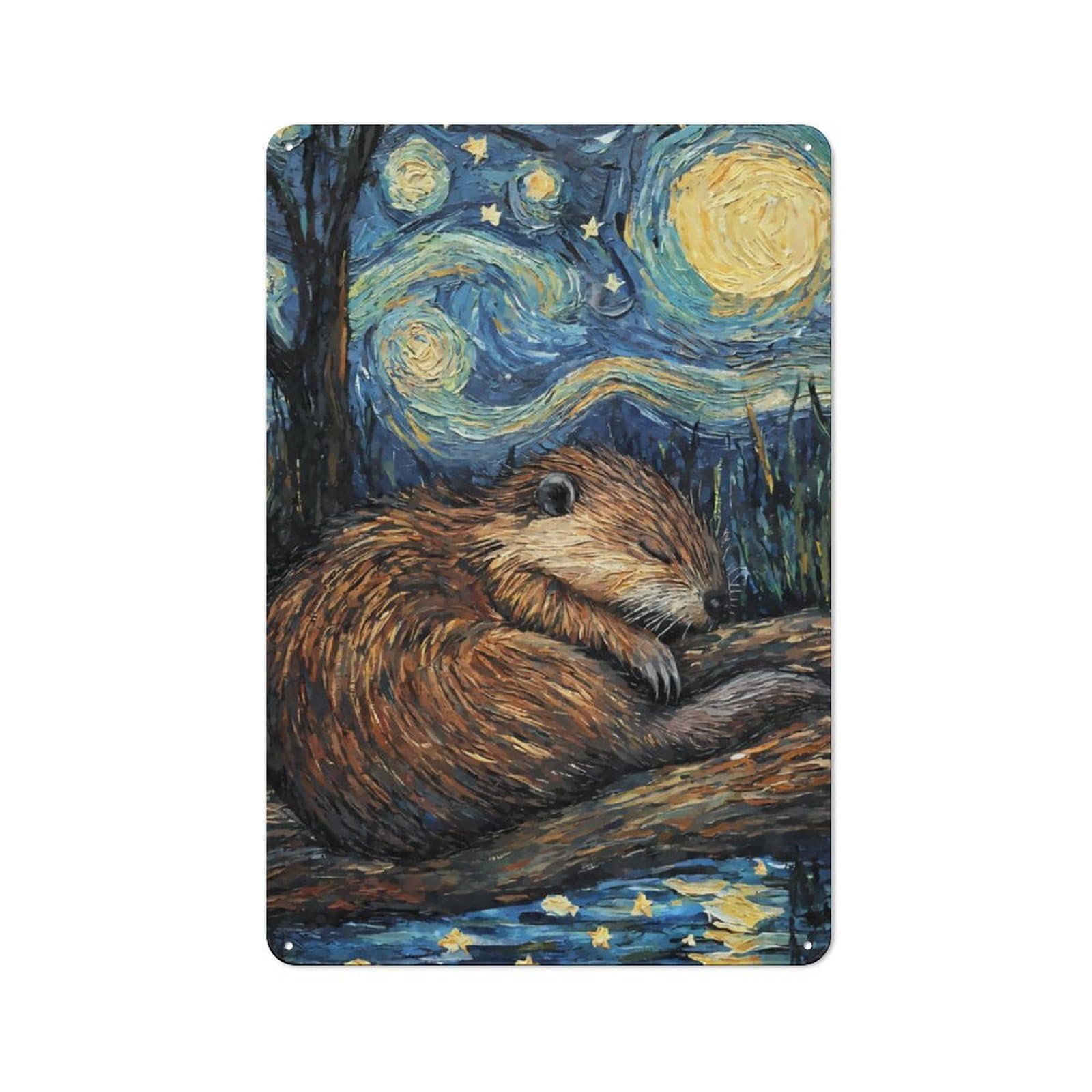 Junmoney Beaver Sleeping Starry Night Vintage Tin Sign 30X20cm With For Café Or Home Bar, Suited To Café-Style Decor Fans