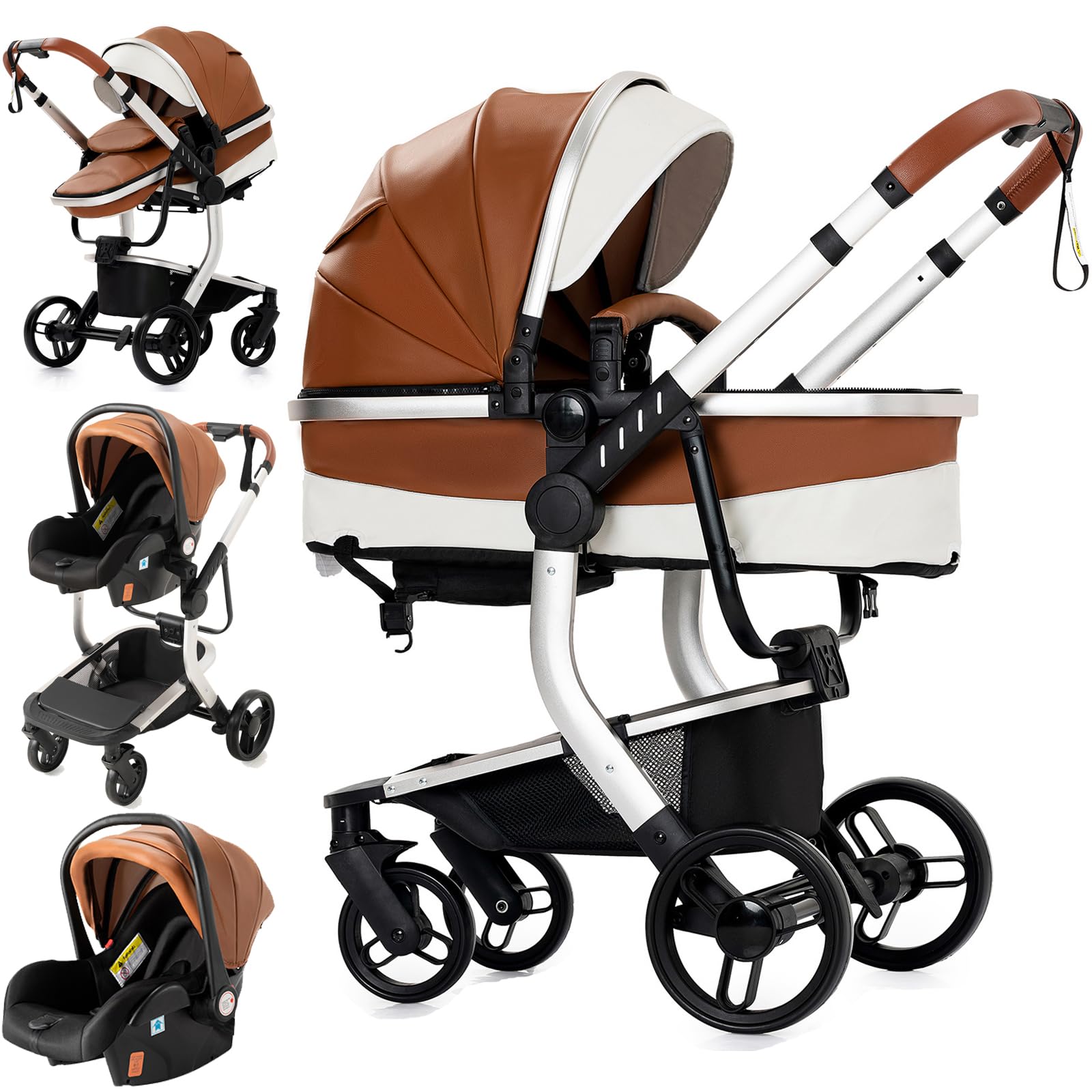 Reenborn Pelle PU Passeggino Trio, Passeggino 3 in 1 con Due Modi Reversibili Spingere, Trio con Telaio Alluminio Paesaggistico Alto, Trio Passeggino Neonati Design Pieghevole in Un Clic (518 Khaki)