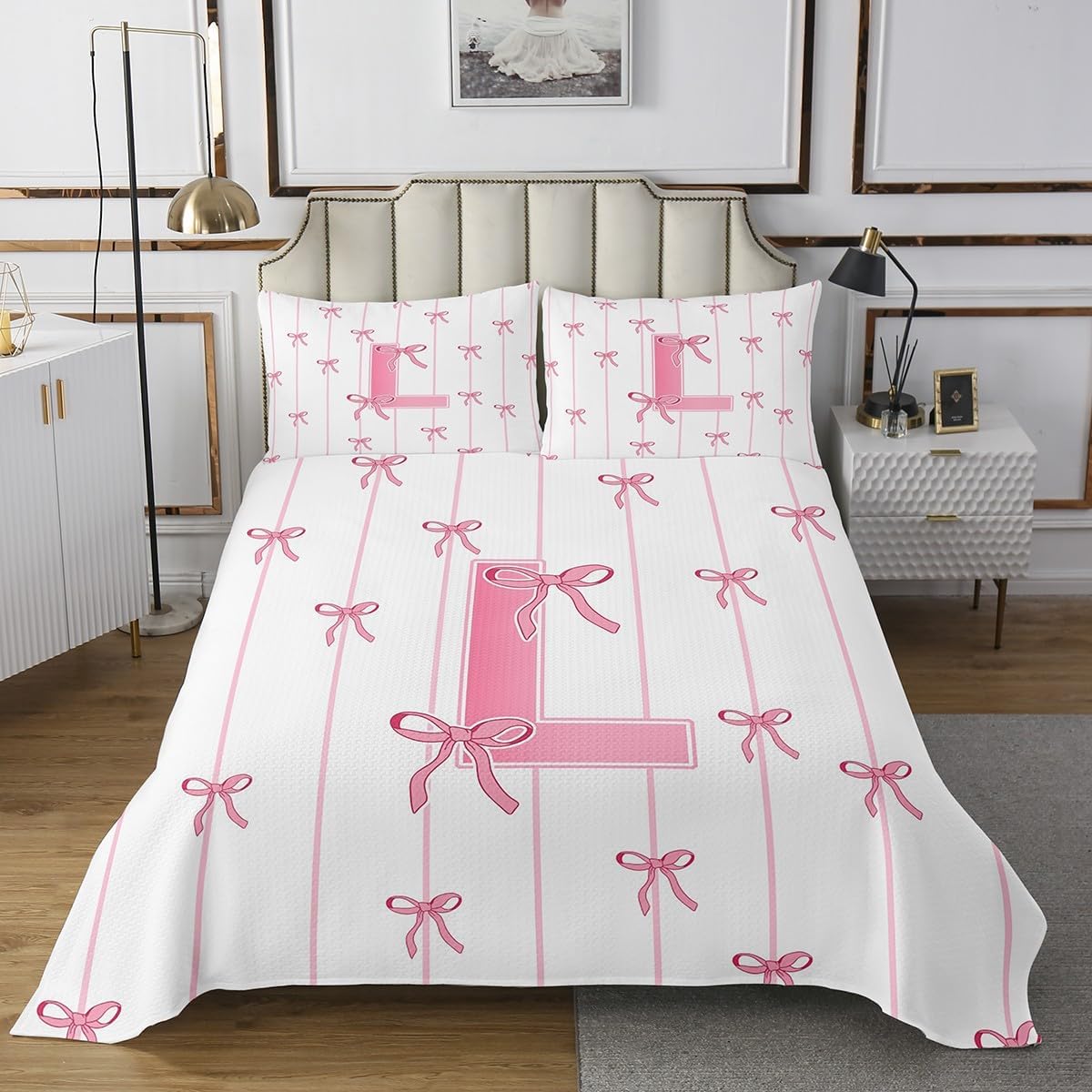 jejeloiu Girls Pink Bow Bedspread Quilts Cute Bowknot Coverlet Set King Size for Kids Boys Girls Letter C Quilted Coverlet for All Season With 2 Pillowcases Kawaii Coquette Bows Microfiber Monogrammed