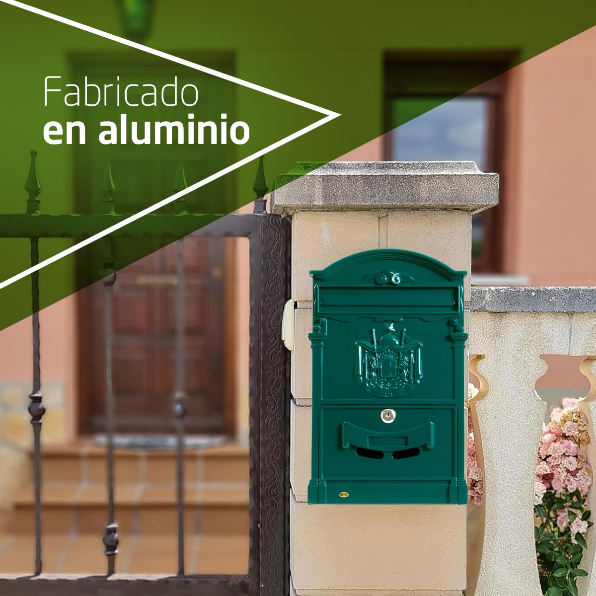 Amig - Buzón Exterior de Pared - Diseño Vintage - Tamaño Compacto para DIN A4 - Apertura Frontal con Cerradura - Aluminio - Verde - Fácil de Instalar en Puertas o Verjas - 40 x 24 x 8 cm