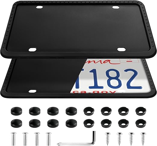LivTee Silicone License Plate Frames Covers, 2 Pack Universal American Car Accessories License Plate Bracket Holder with Bolts Washer Caps, Rust-Proof, Rattle-Proof, Weather-Proof, Black