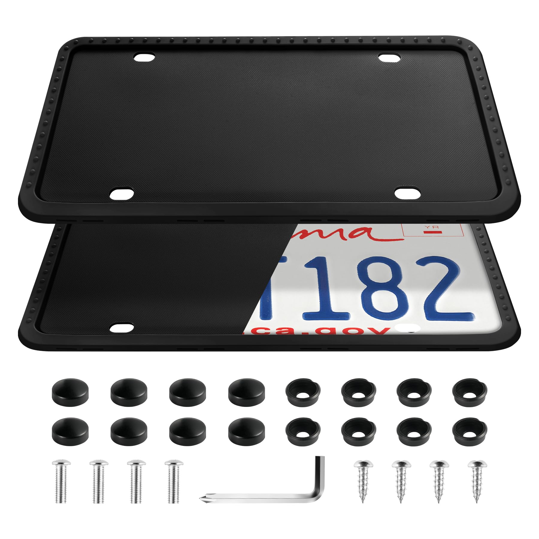Silicone License Plate Frames Covers, 2 Pack Universal American Car Accessories License Plate Bracket Holder with Bolts Washer Caps, Rust-Proof, Rattle-Proof, Weather-Proof, Black