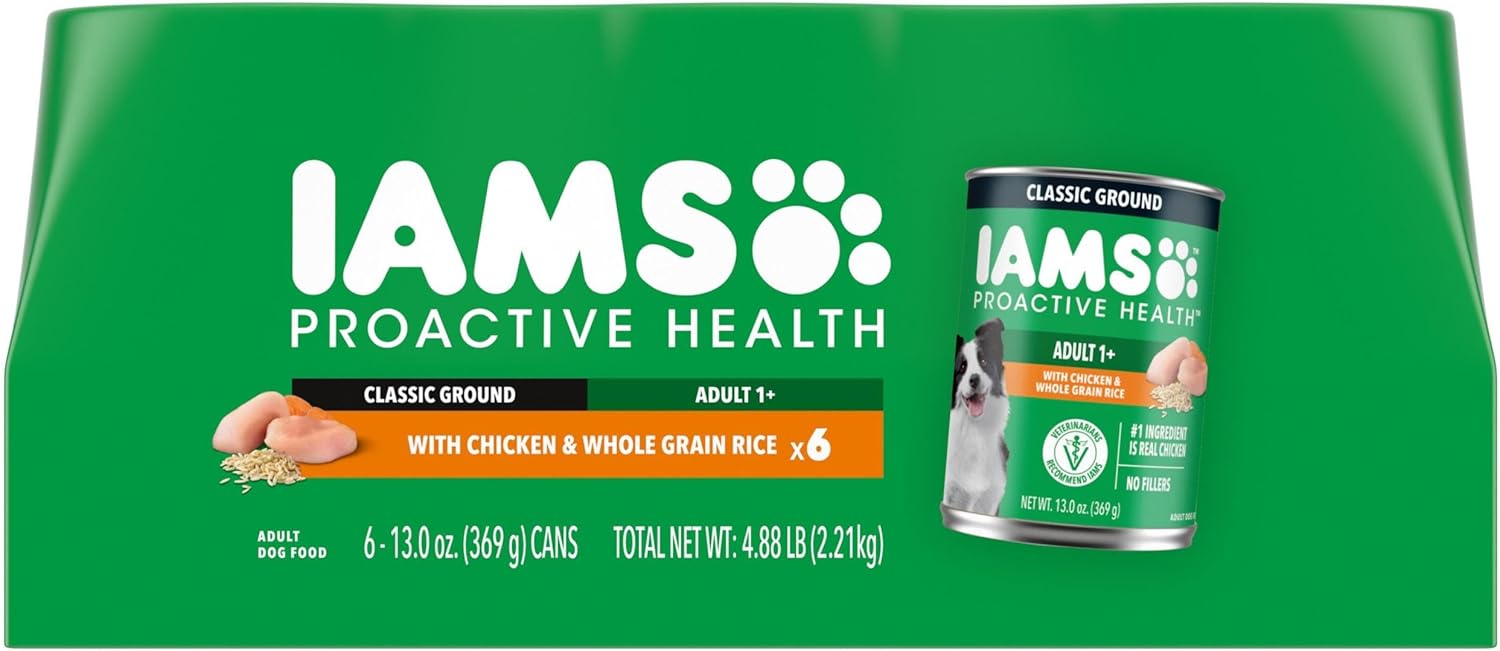 IAMS Proactive Health Adult Wet Dog Food Classic Ground with Chicken and Rice, 13 oz. Cans (6 Count, Pack of 1) Chicken & Rice 6 Count (Pack of 1)