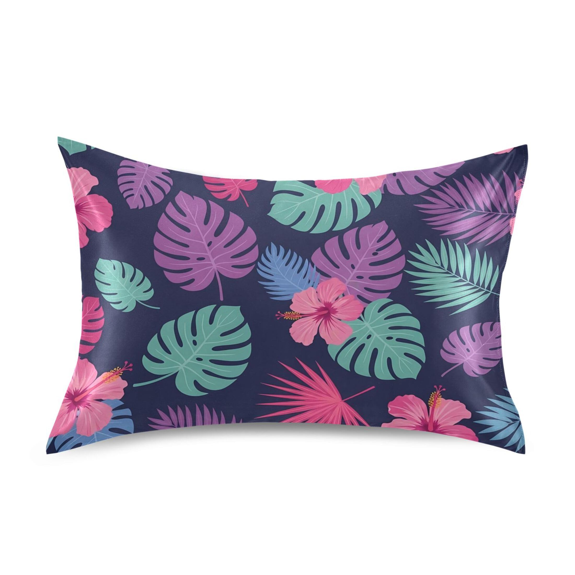 Fuauuyl Pillowcase Queen Size 20x30 in, Hibiscus Monstera Leaves Soft Breathable Satin Pillow Case for Hair and Skin with Envelope Closure Wrinkle-Free