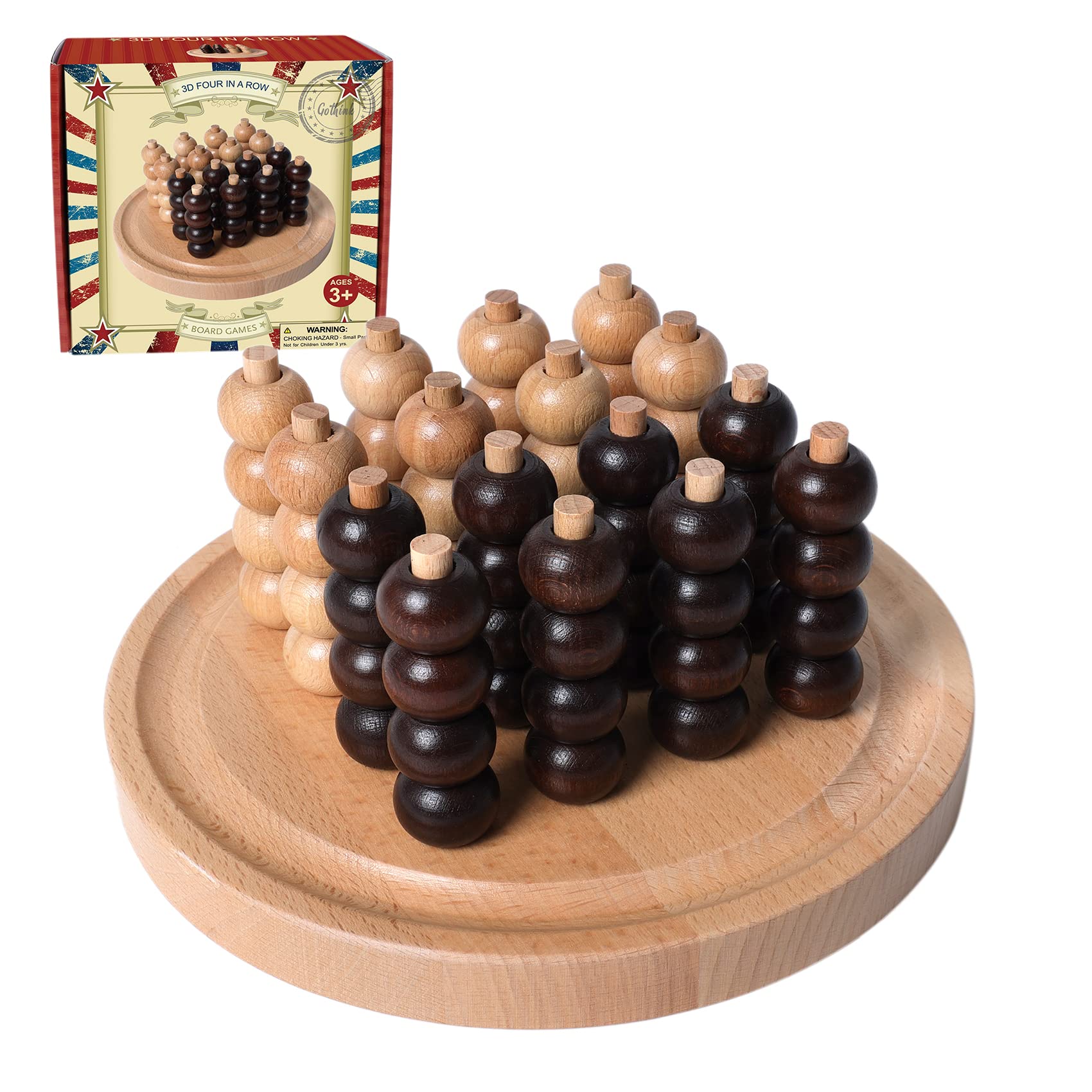 GOTHINK Portable 3D Wooden Four in a Row Board Games for Adults &amp; Kids- 4 in a Row Game Set with Birch Chess for Family Night Games Birthday &amp; Holiday Party Toy Gifts - Challenge Your Mind