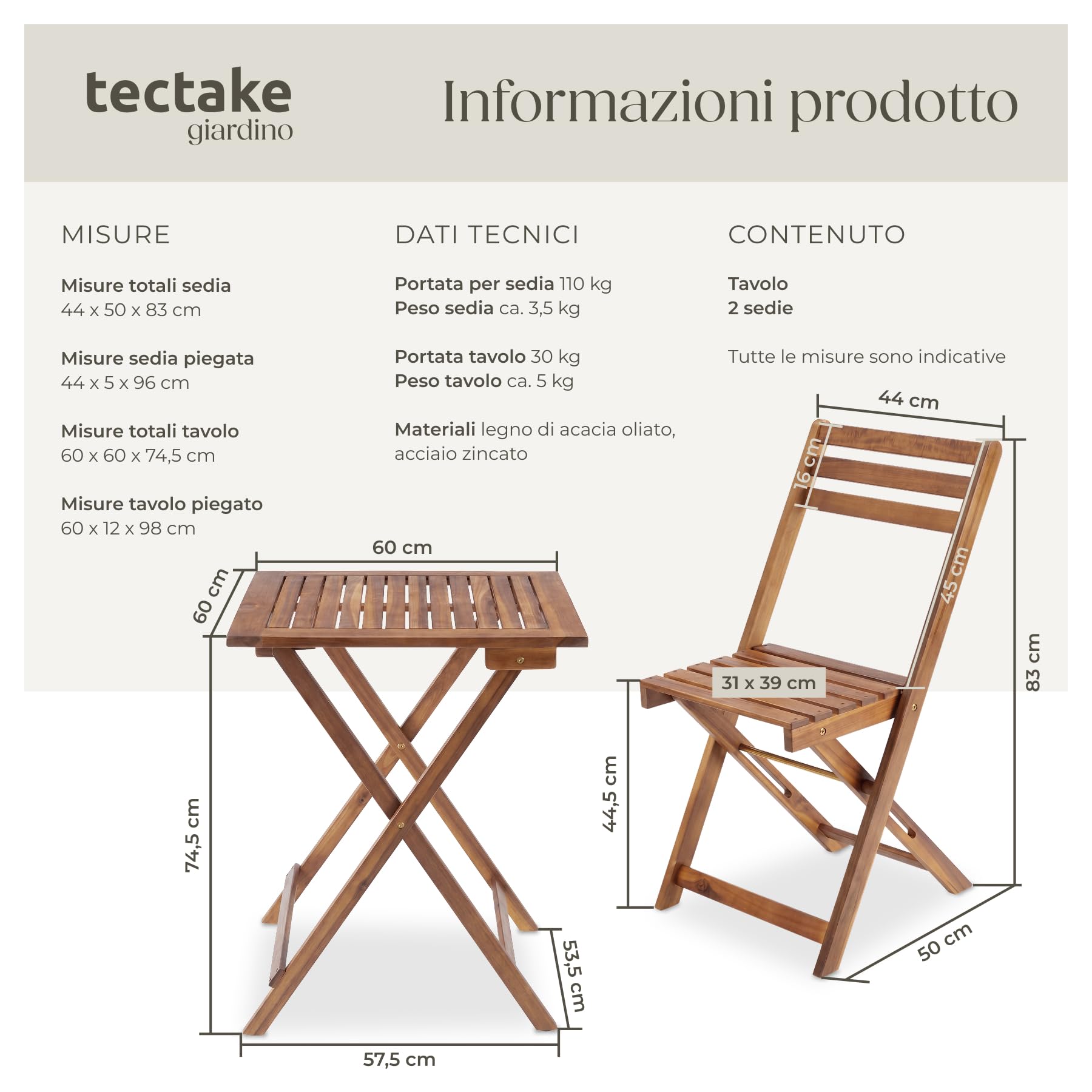 tectake® Set Tavolo e Sedie da Giardino, Set Pieghevole con 1 Tavolo da Esterno 60x60x74,5 cm e 2 Sedie da Esterno, Legno di Acacia, Design a Doghe, Struttura a X, Ideale Balcone, Terrazzo e Giardino