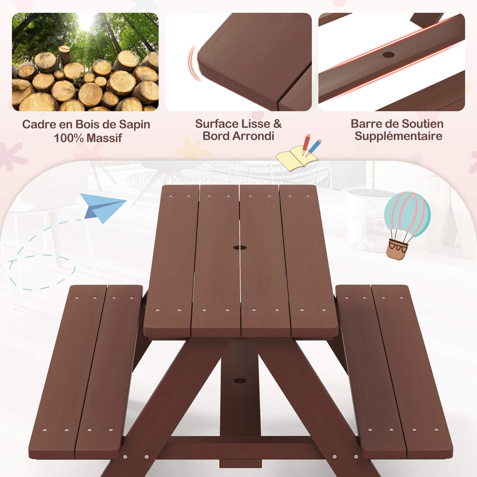 DREAMADE Table de Pique-Nique Enfant en Bois avec Parasol Amovible,Table Exterieur Enfants avec Banc,4 Places,pour Jardin,Terrasse,Patio,Balcon,89x79x50CM