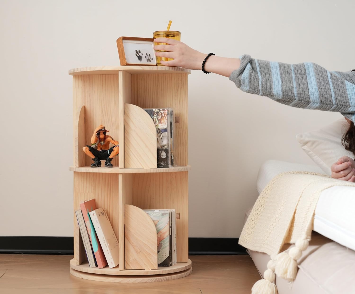 天然木 360度回転式本棚/ブックシェルフ 省スペース 大容量 DIY可 本棚