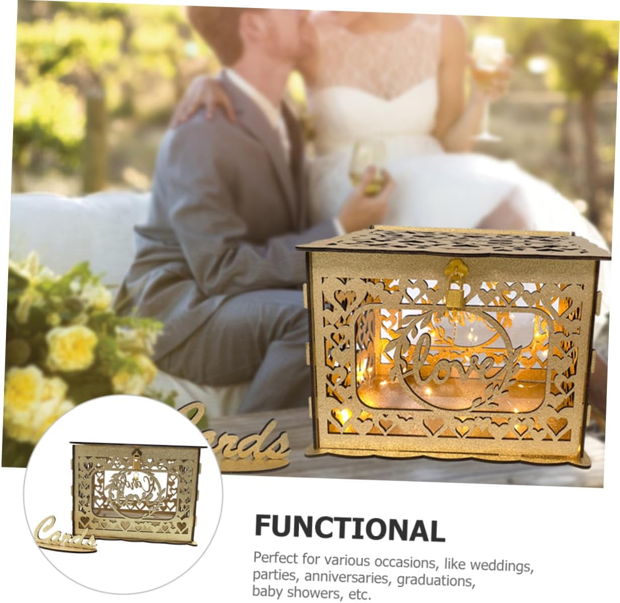 Gadpiparty Wooden Hollow Greeting Card Box with Glitter Square Envelope Money Card Holder for Party Decorations