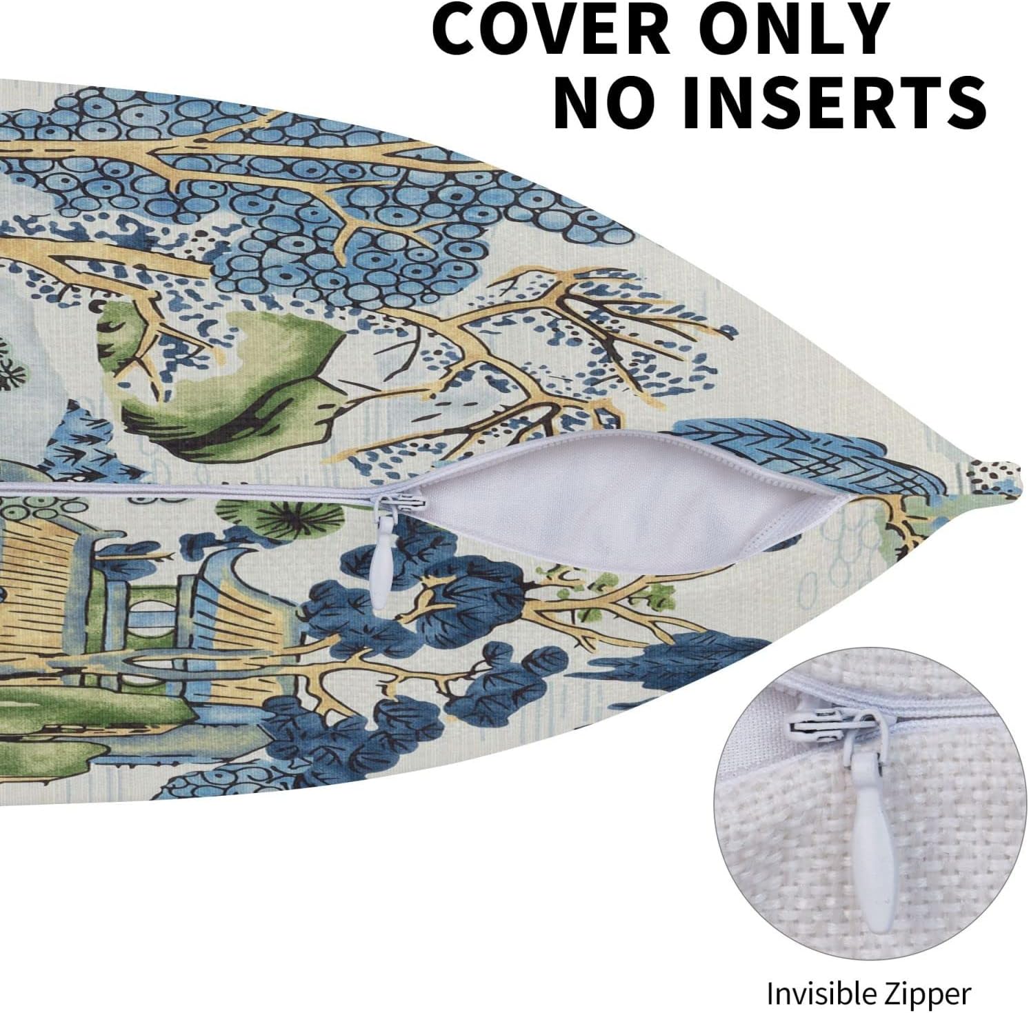Chinoiserie Pillow Covers 24x24 Inch Set of 2, Asian Scenic Blue and Kelly Green Throw Pillows Farmhouse Chinoiserie Decorative Pillowcase Linen Cushion Cover for Home Sofa Bedroom Outdoor