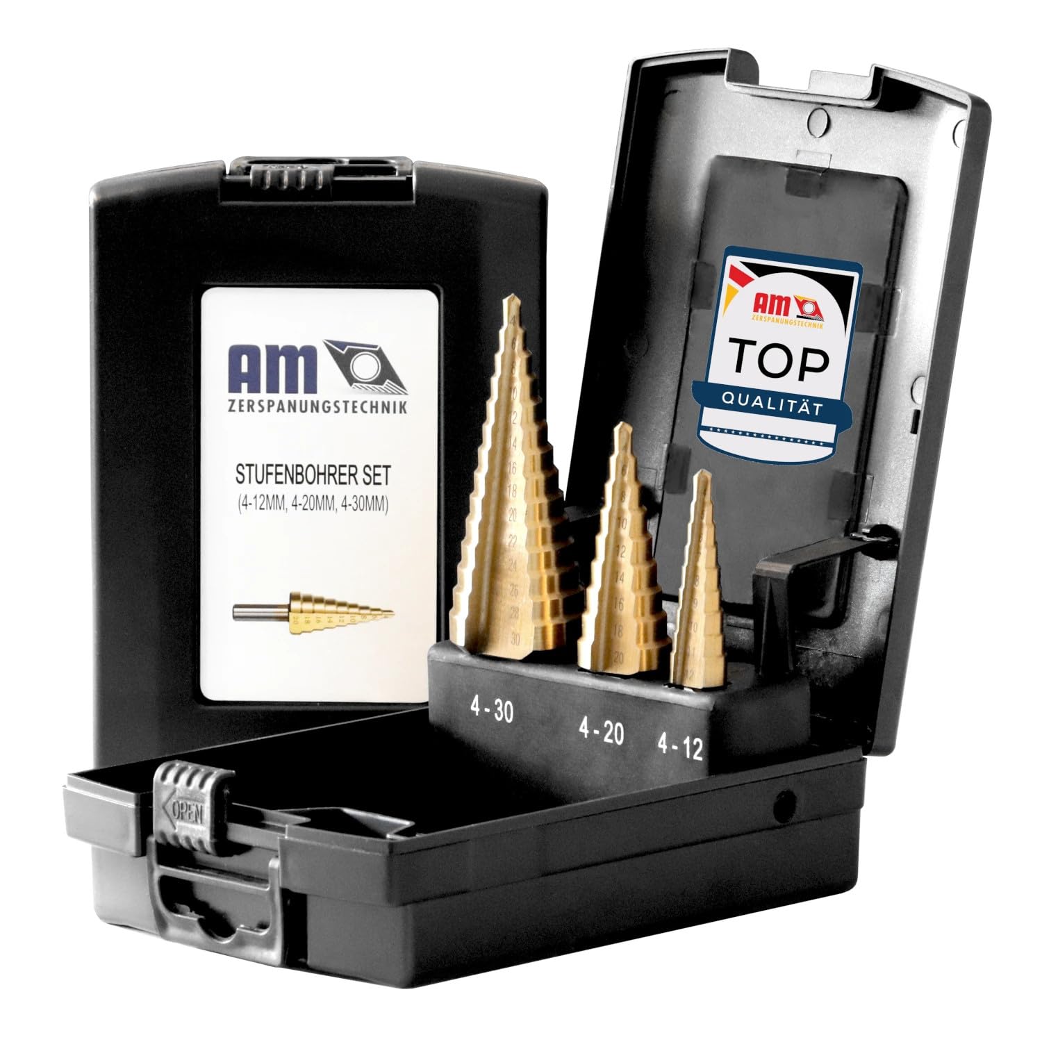 AM-Zerspanungstechnik HSS TiN Step Drill Bit Set 3 Pieces | Peeling Drill Bit Set | Step Drill Metal, Wood, Plastic | Cone Drill Set (Set of 3 Diameter 4-12 | Diameter 4-20 | Diameter 4-30)
