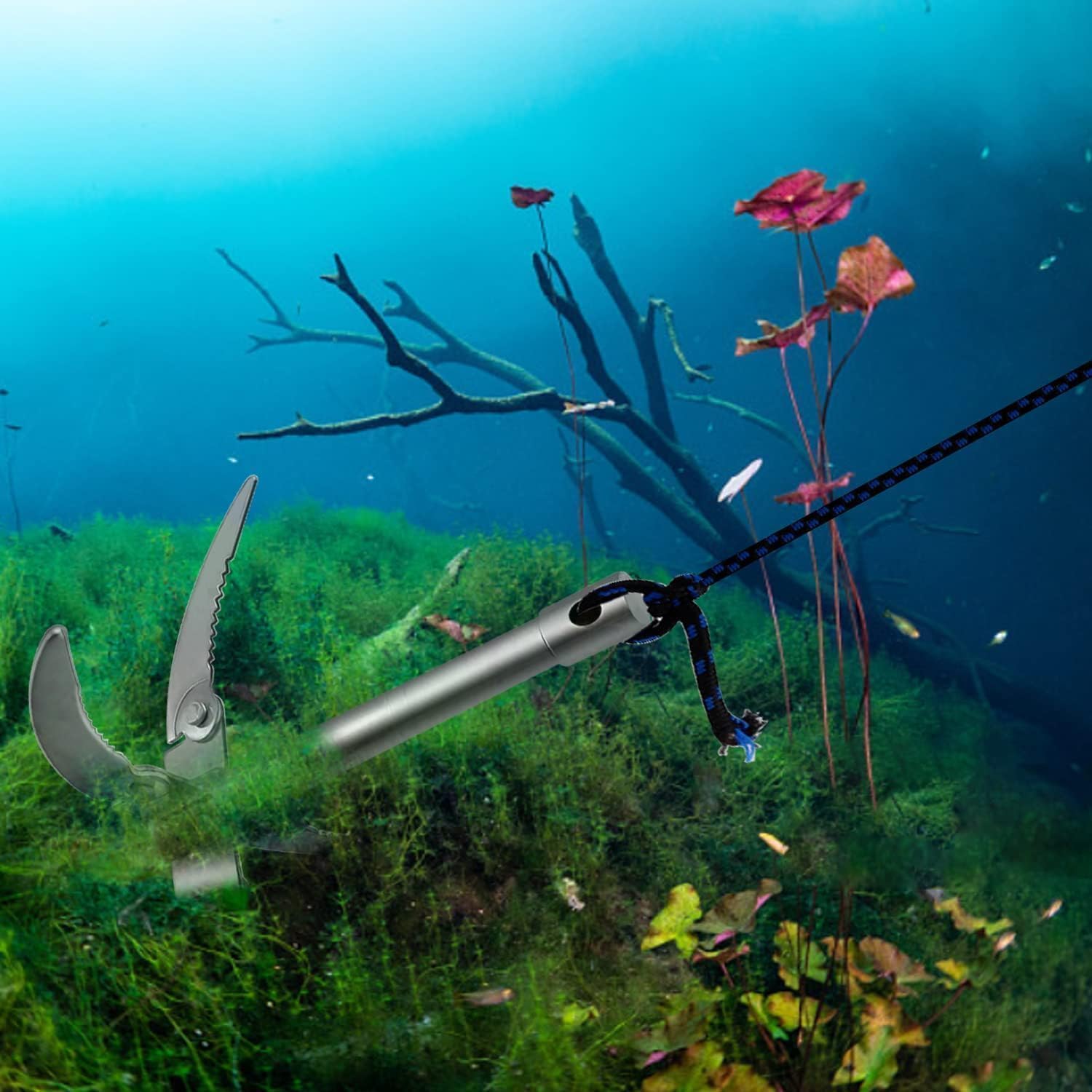 TIANLIN Ancora per SUP, Kayak e Barca con Corda da 9.5m e Manico, 0.4kg, Zanche Rinforzate, Ancora Pieghevole per Kayak e SUP, per Rimuovere la Vegetazione Acquatica Prima della Pesca