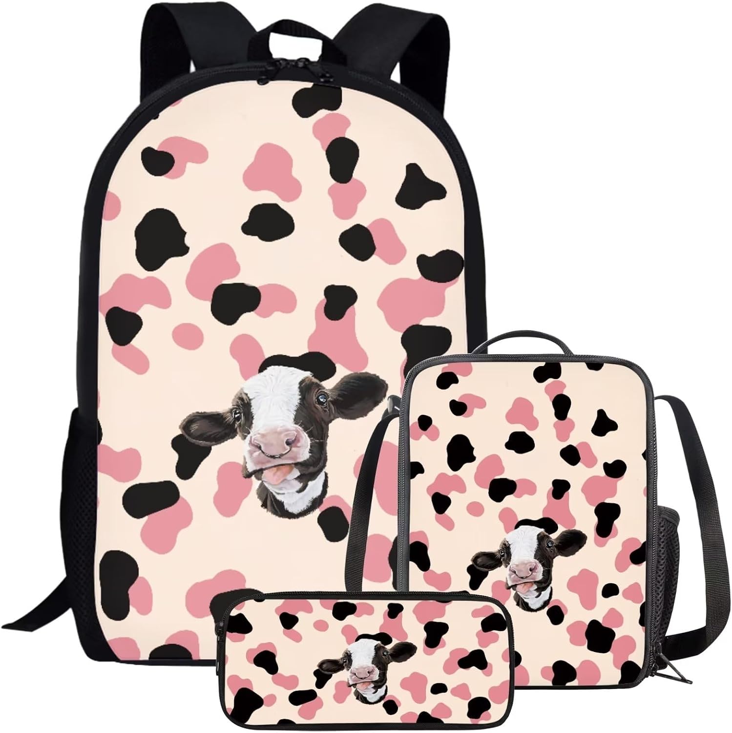 Kids Funny Pink Cow School Backpack Set for Girls Boys Personalized Graphic Print Bookbag Student Lightweight Comfy Padded Aesthetic Backpack with Lunch Box Pencil Bag