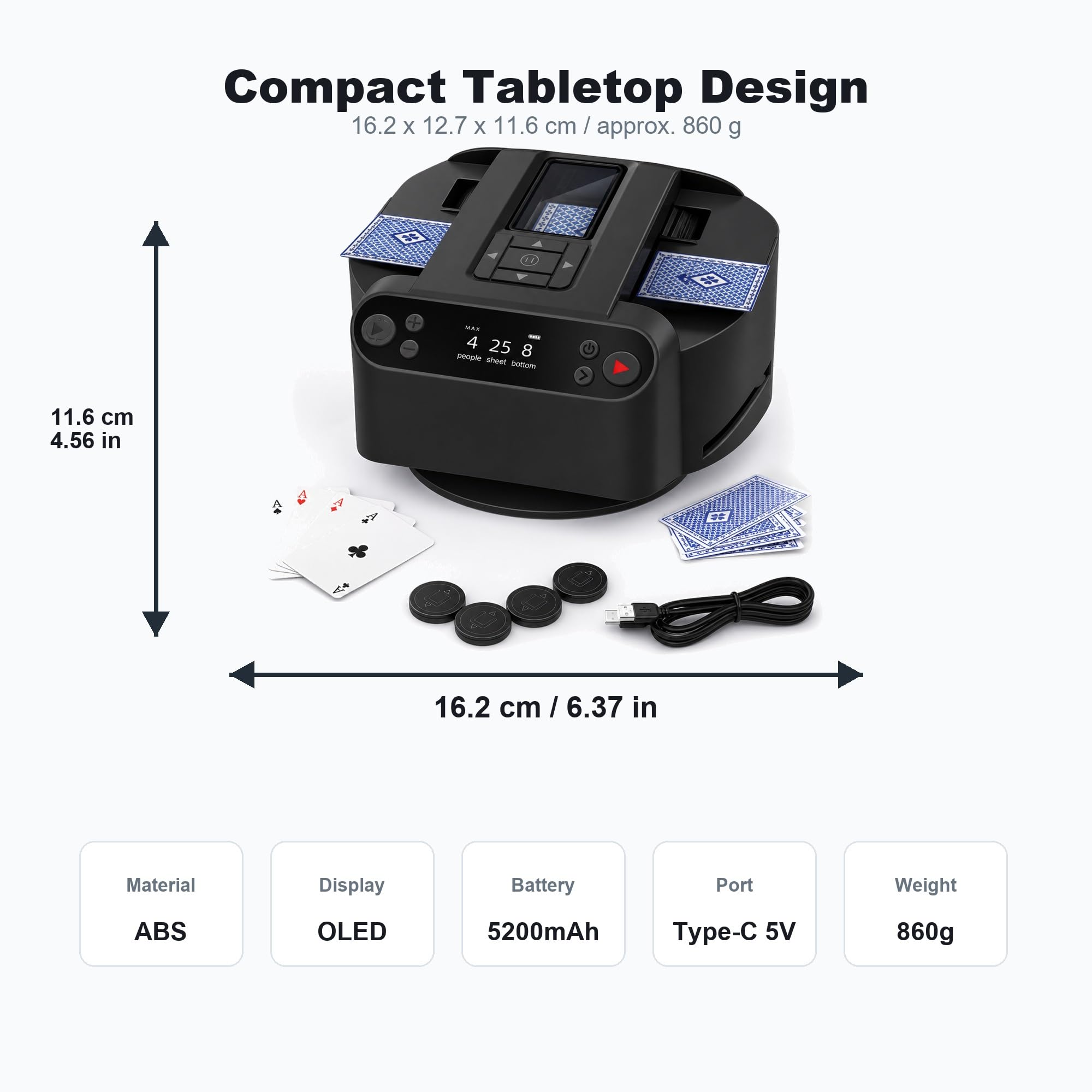 Mescolatore e mazziere automatico di carte con rotazione di 360 gradi | Corpo in Abs, Poker e Giochi di Società, Mischia e Distribuisci, Display Oled, Batteria da 5200Mah