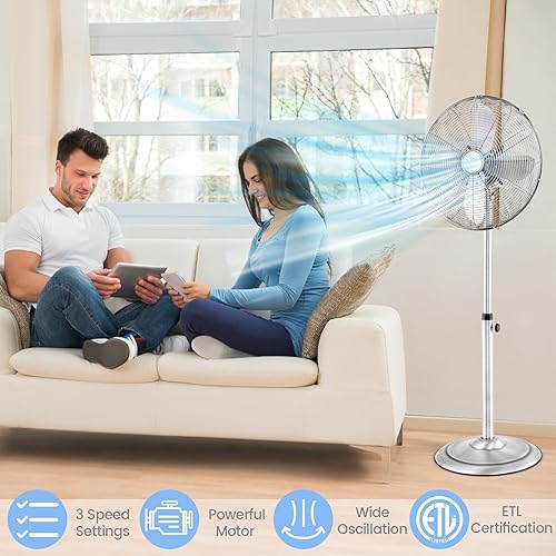 Miniatura 8 de LDAILY Ventilador de pedestal, ventilador oscilante de 16 pulgadas con 3 velocidades, velocidad ancha, altura y ángulo ajustables, ventilador de