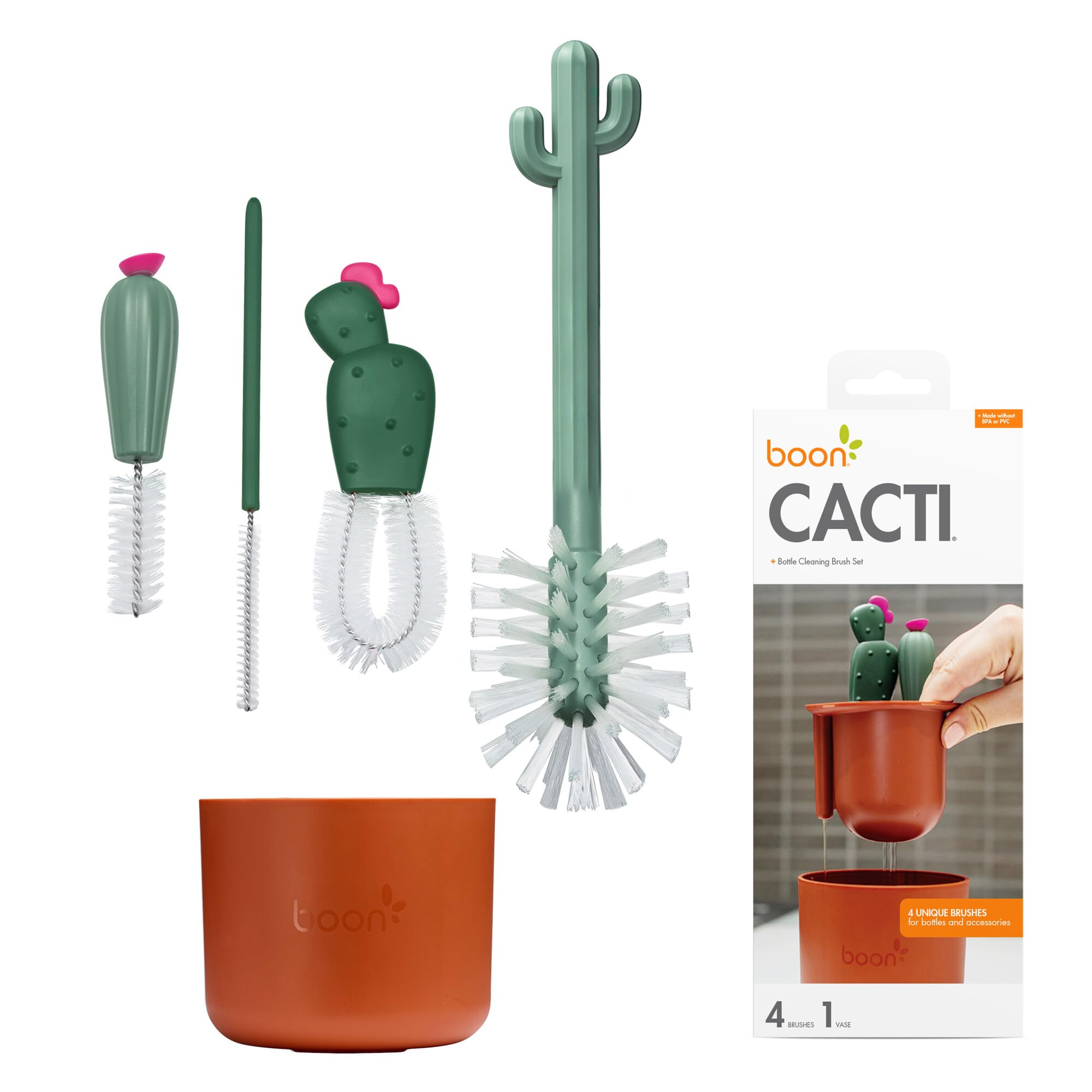 Boon Cacti Bottle Cleaning Brush Set, Terracotta, 4 Piece Set