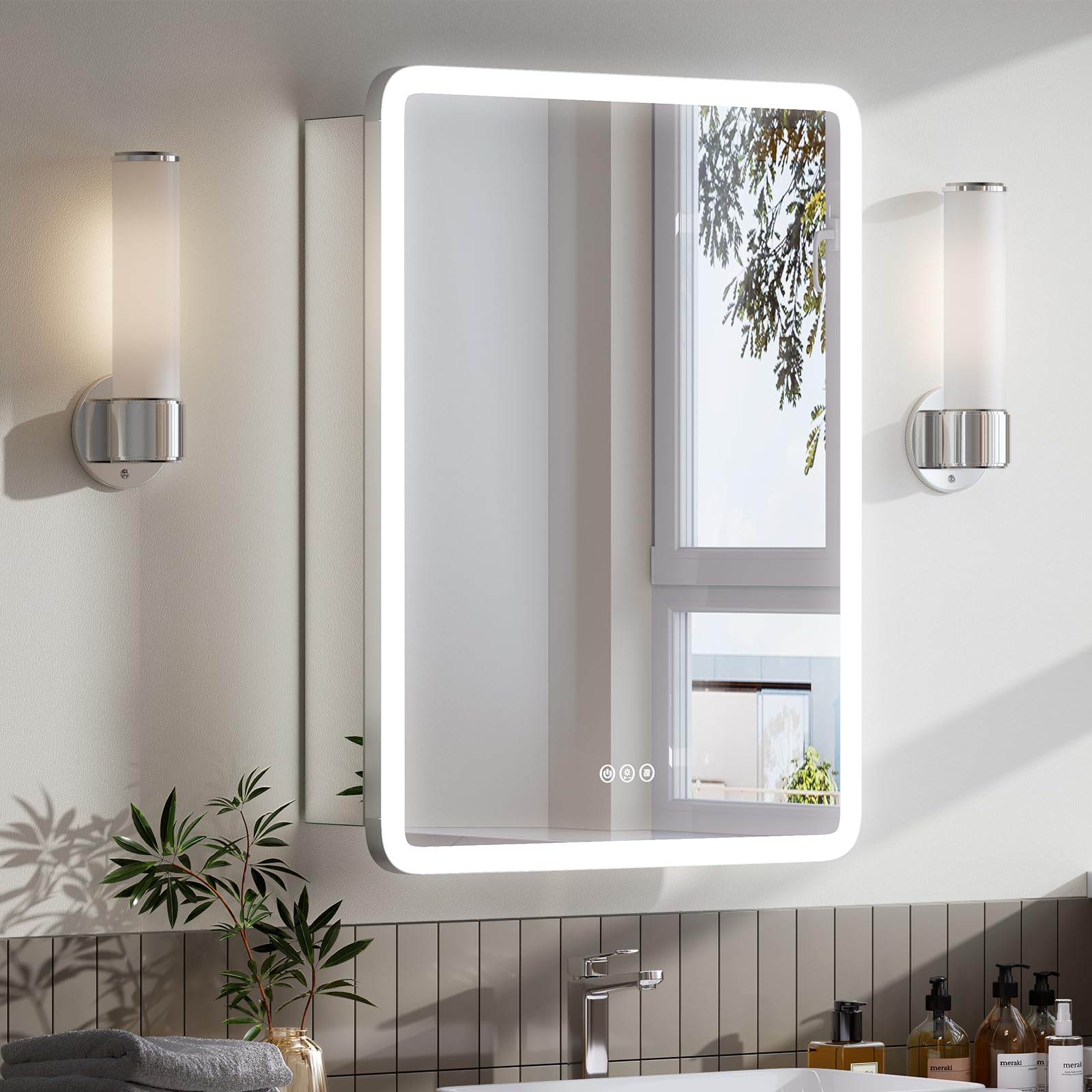 TIFULLHOME 20x28 LED Medicine Cabinet with Mirror (Left-Hinged), Rounded, Plug-in or Hardwired, 2 Outlets +1 USB +1 Type-C, Recessed or Surface, 3