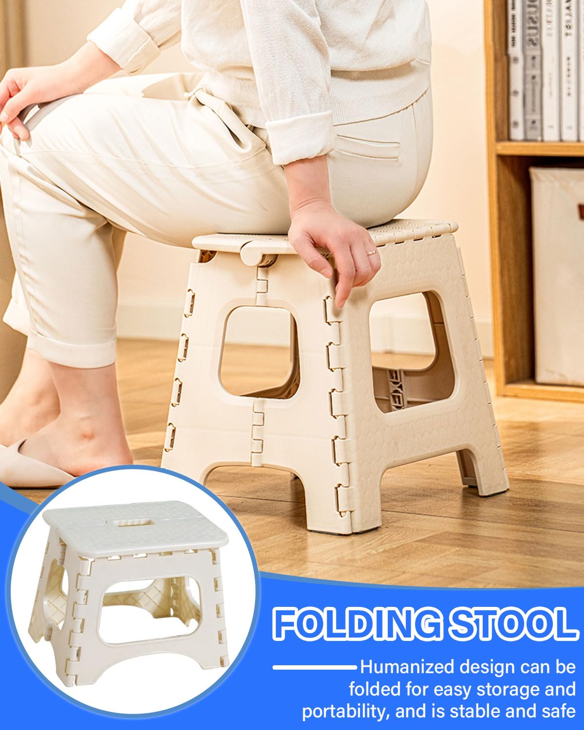 1 taburete plegable, taburete bicolor, taburete de plástico, taburete plegable, taburete para niños, capacidad de carga de hasta 150 libras, color blanco